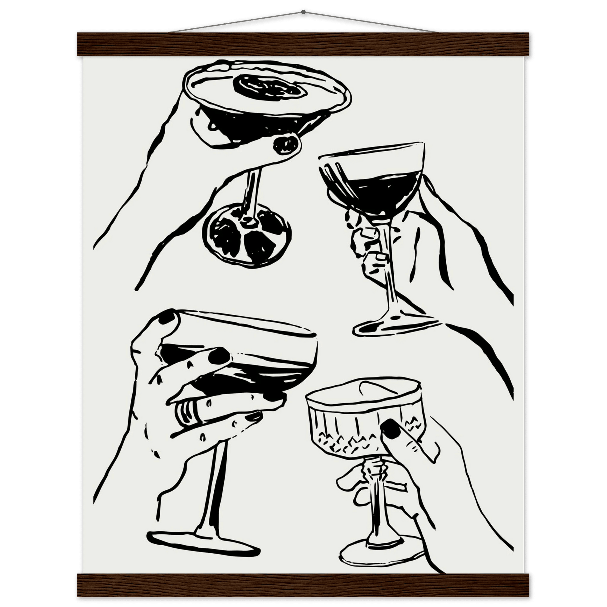 Cheers Print | Black Line Art Cocktail Glasses Wall Art | Kitchen Bar Poster - Evergreen Posters