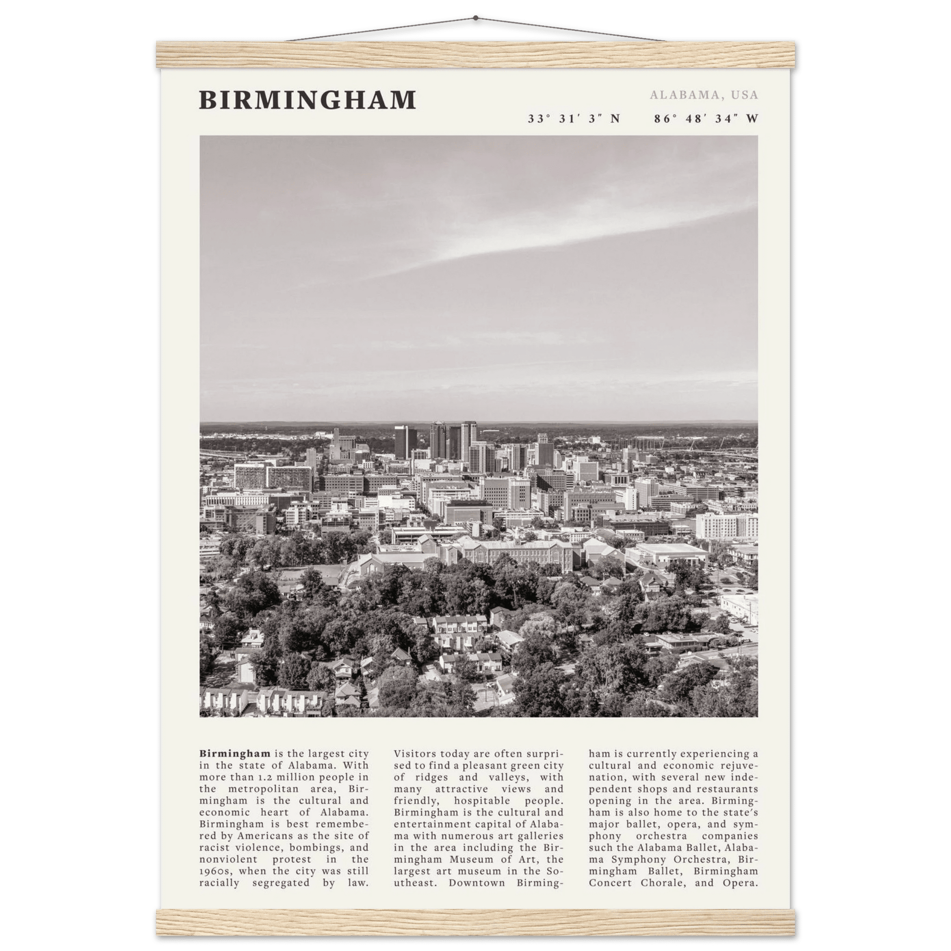 Birmingham Poster | Black & White Alabama Skyline Wall Art | AL Travel Print - Evergreen Posters
