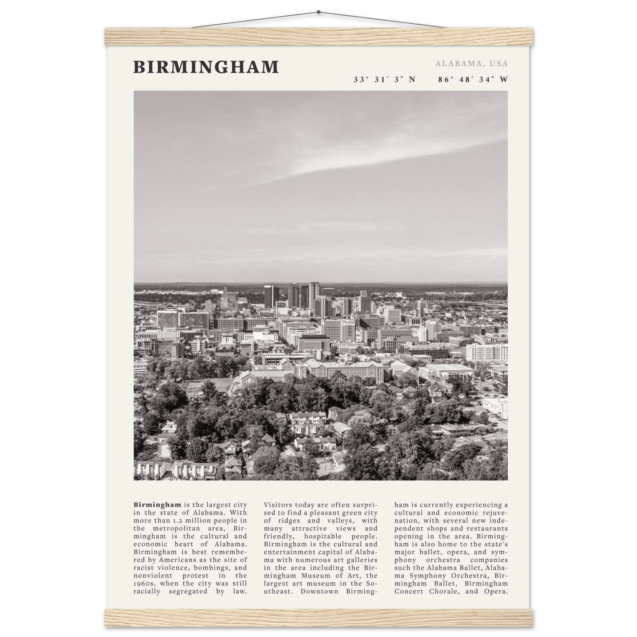 Birmingham Poster | Black & White Alabama Skyline Wall Art | AL Travel Print - Evergreen Posters