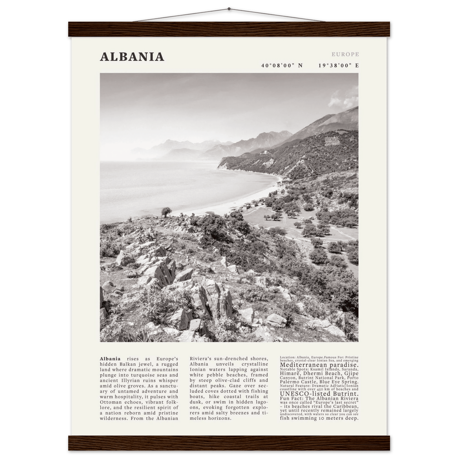 Albania Poster Black and White – Vintage Albanian Riviera Travel Print (Digital & Printed Options) - Evergreen Posters