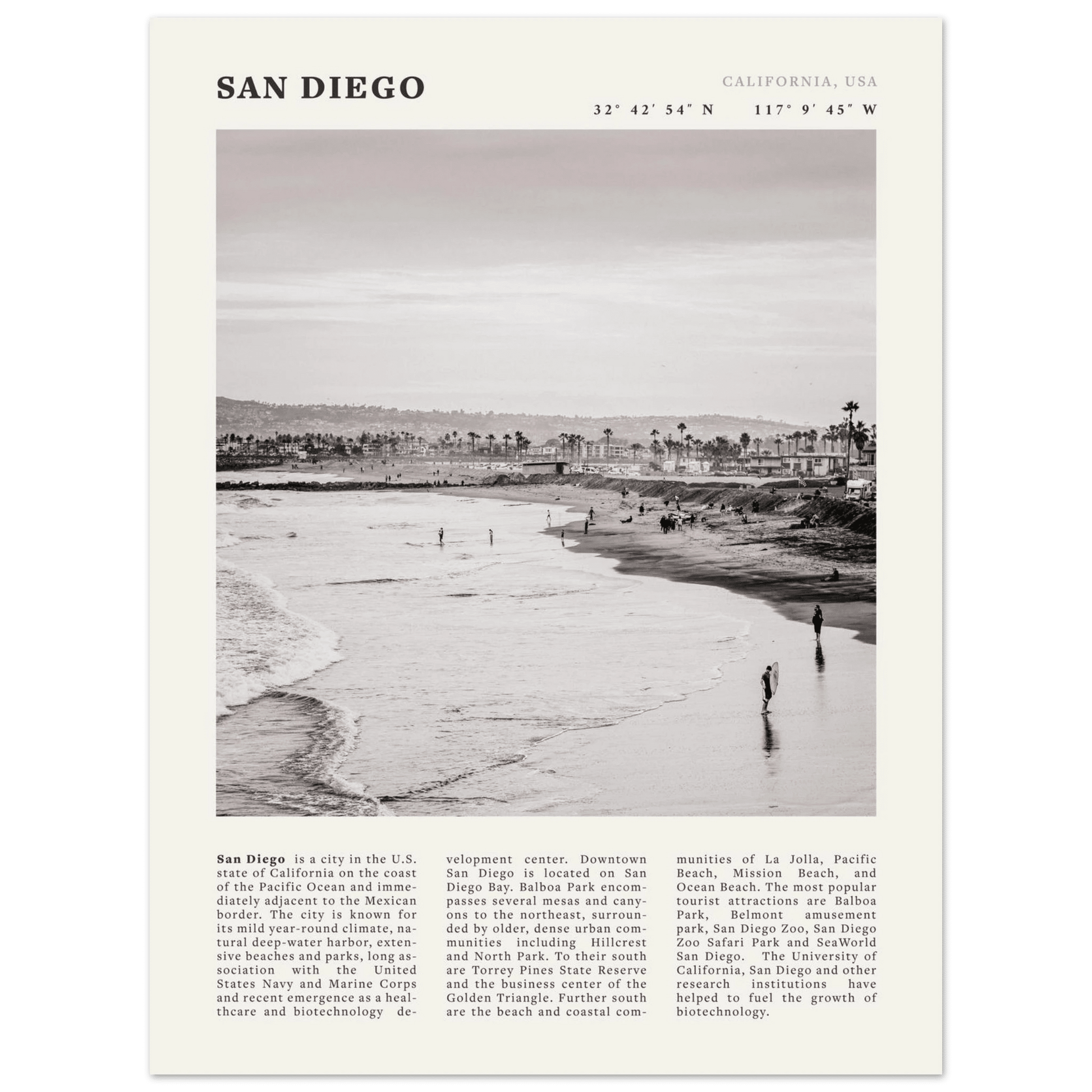 San Diego Poster | Black & White California Beach Wall Art | Coastal Travel Print Decor - Evergreen Posters