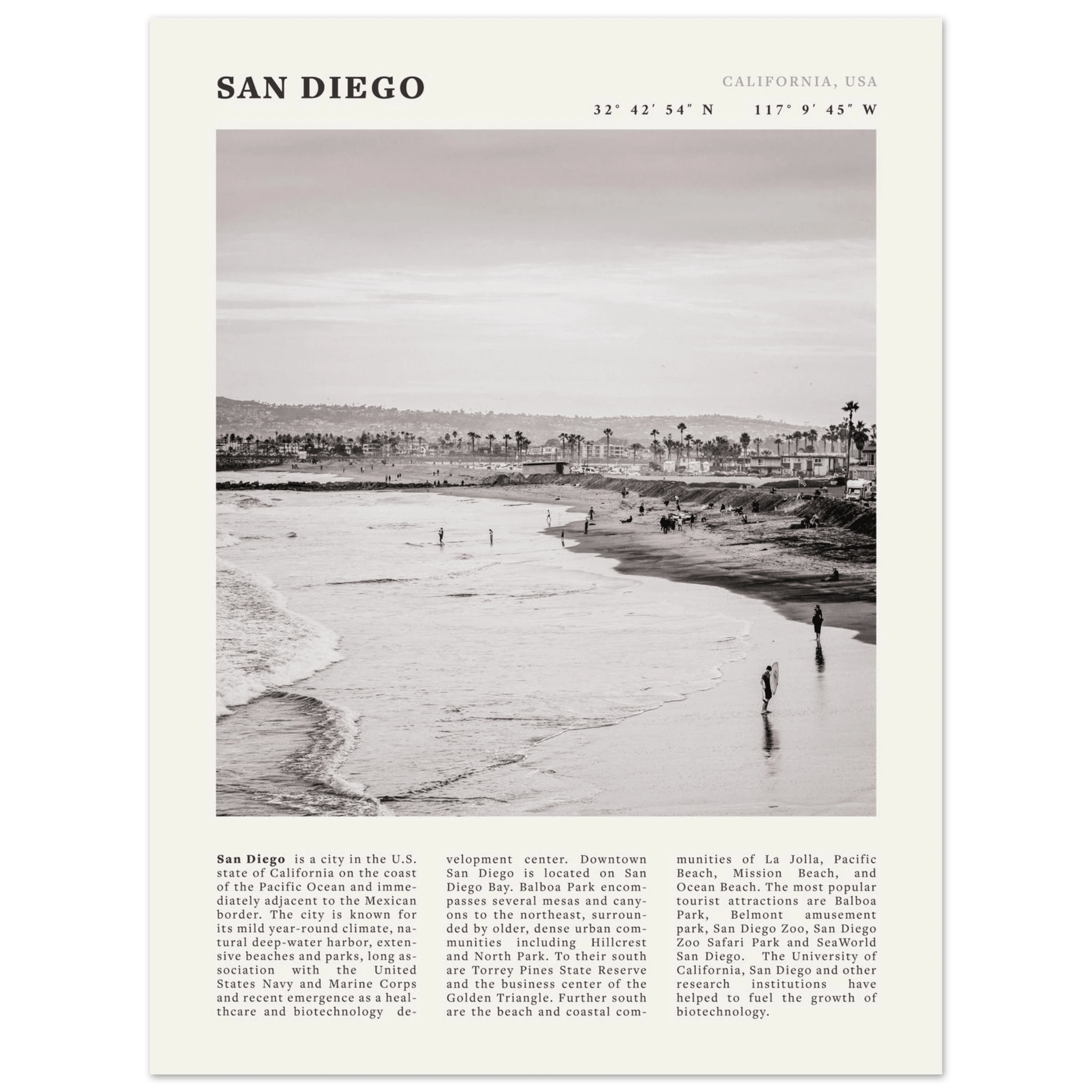 San Diego Poster | Black & White California Beach Wall Art | Coastal Travel Print Decor - Evergreen Posters