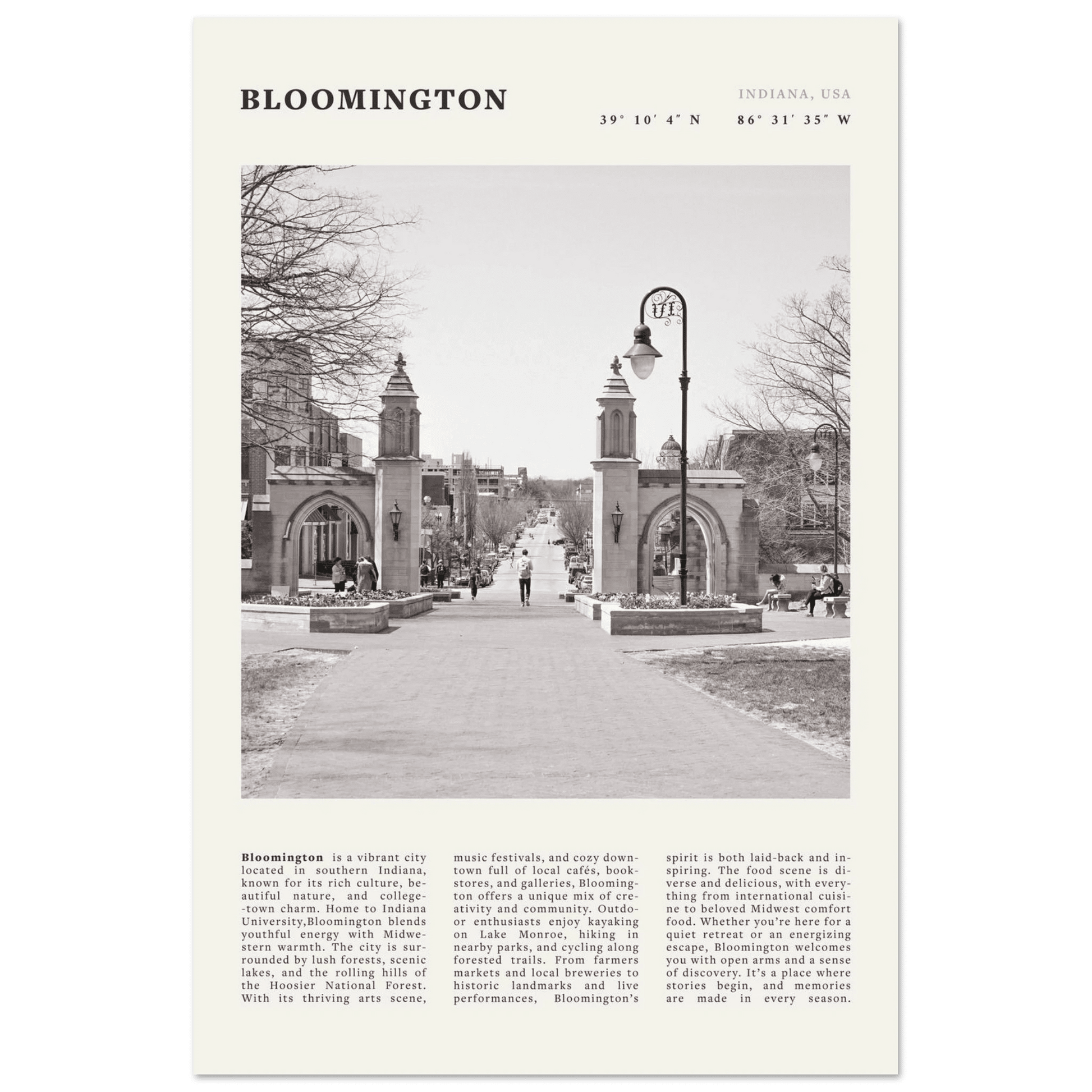 Bloomington Indiana Black and White Vintage Poster - Evergreen Posters
