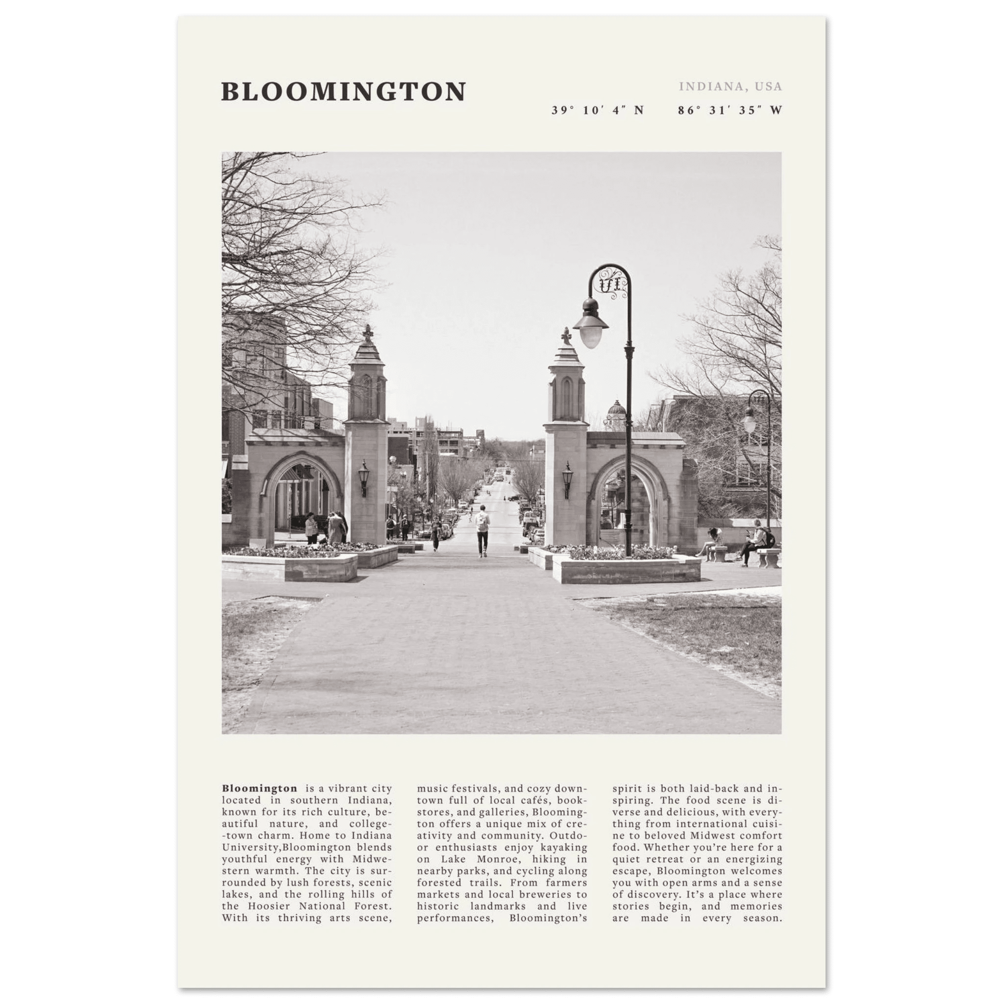 Bloomington Indiana Black and White Vintage Poster - Evergreen Posters