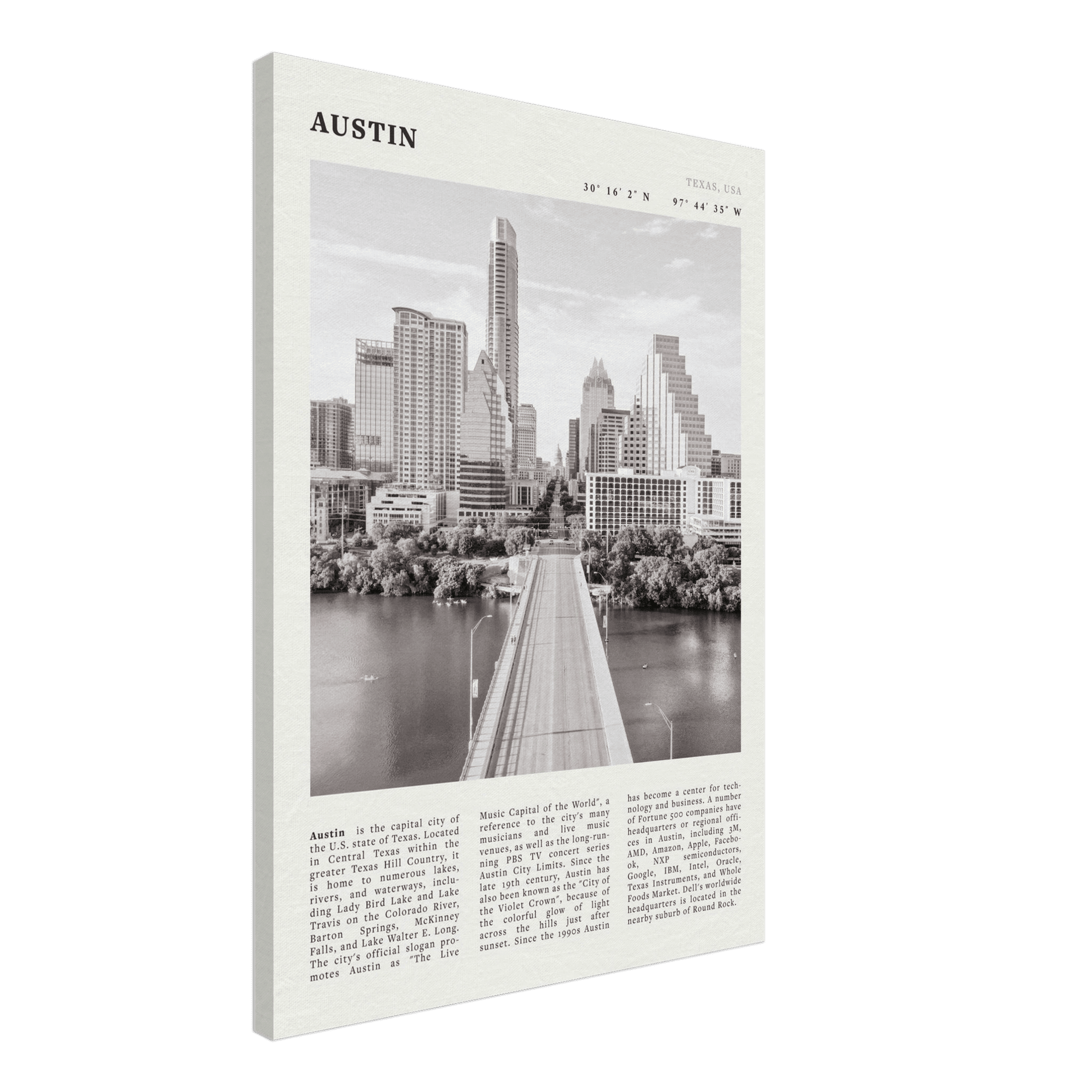 Austin Poster | Black & White Texas Skyline Wall Art | City Travel Print Decor - Evergreen Posters