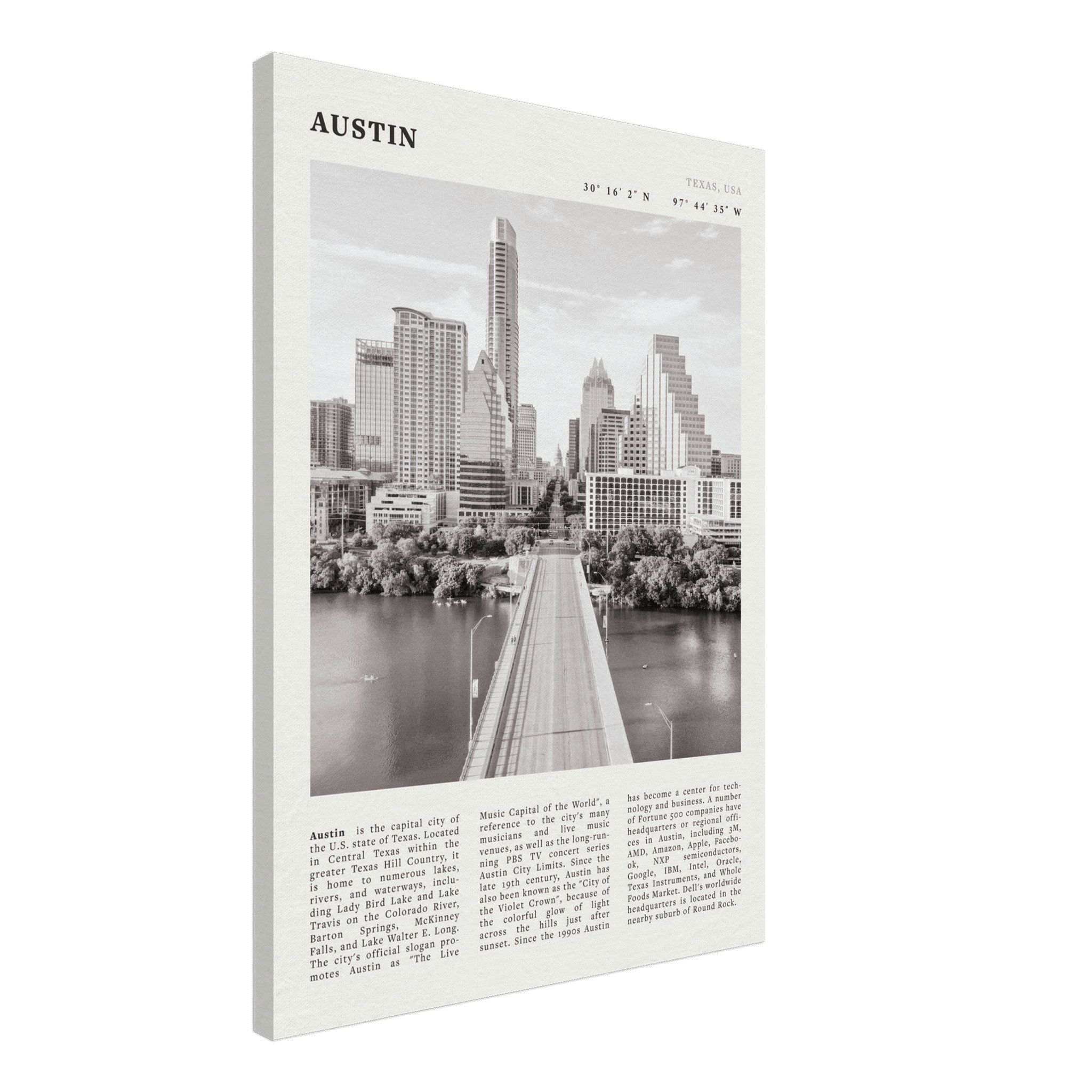 Austin Poster | Black & White Texas Skyline Wall Art | City Travel Print Decor - Evergreen Posters