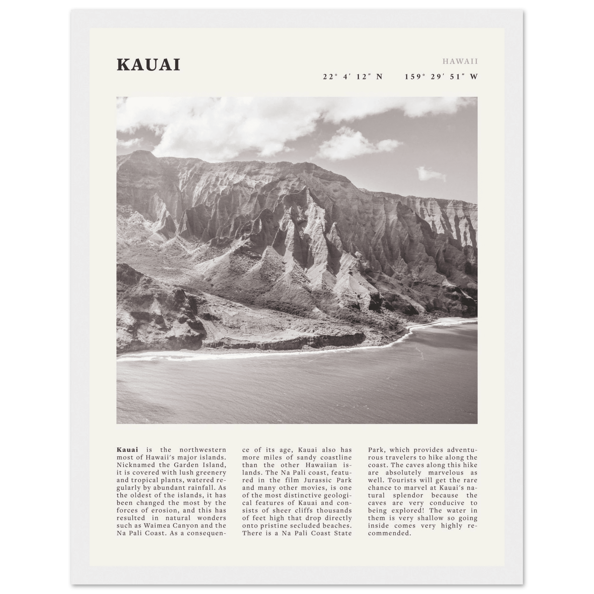 Kauai Poster | Black & White Na Pali Coast Wall Art | Hawaii Travel Print Decor - Evergreen Posters