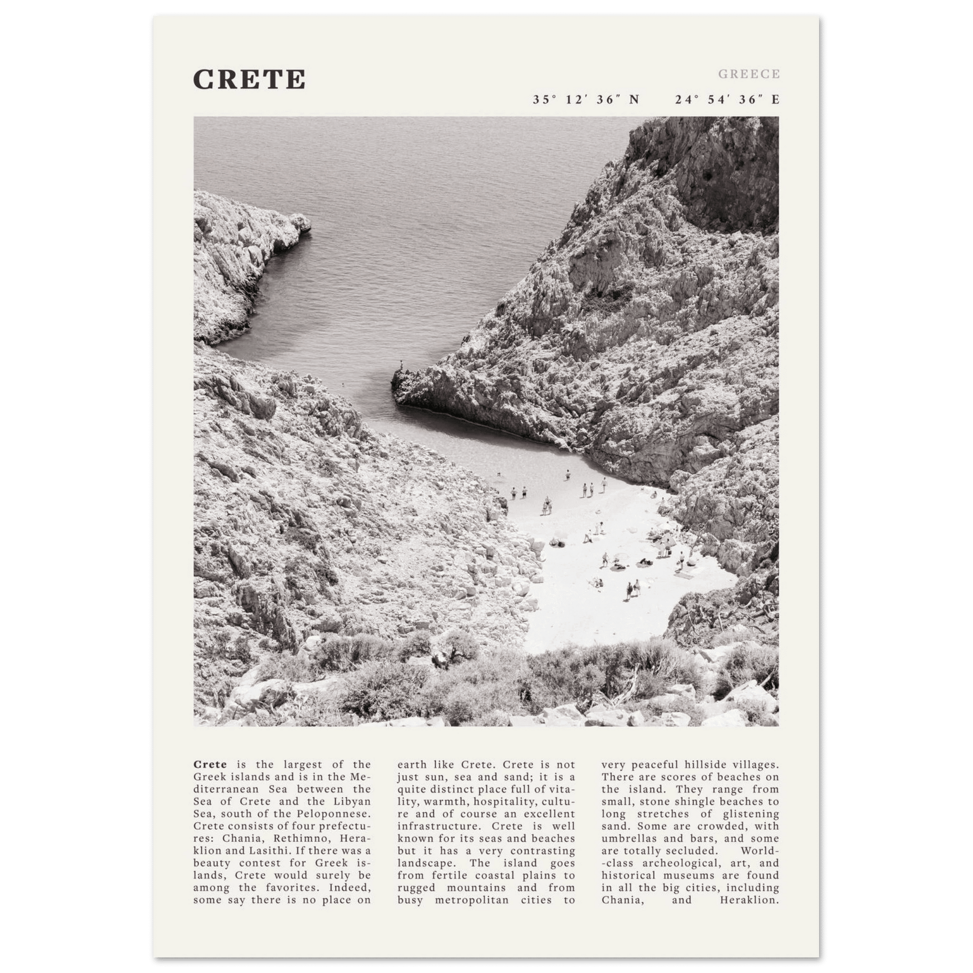 Crete Poster | Black & White Greece Beach Wall Art | Mediterranean Travel Print - Evergreen Posters