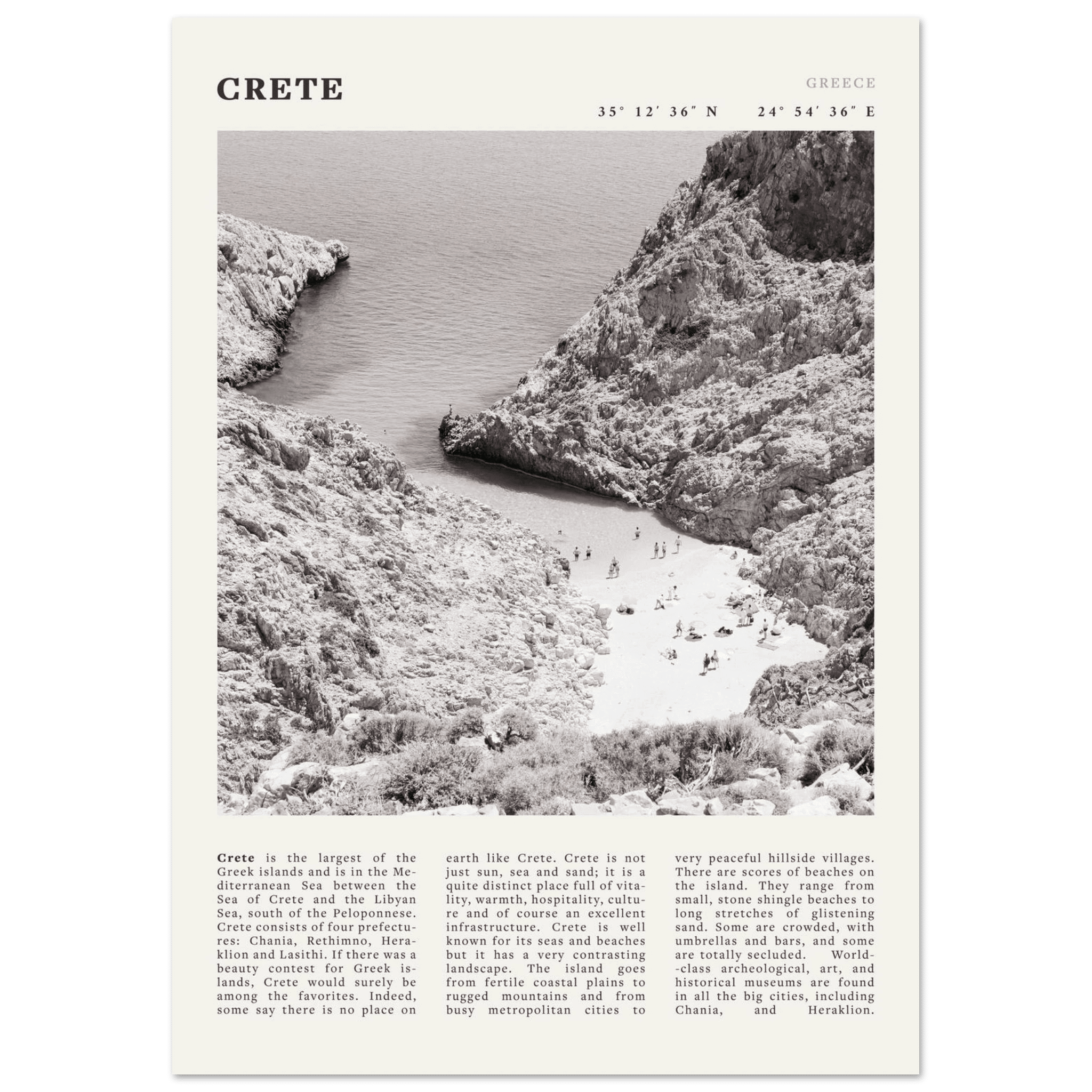 Crete Poster | Black & White Greece Beach Wall Art | Mediterranean Travel Print - Evergreen Posters