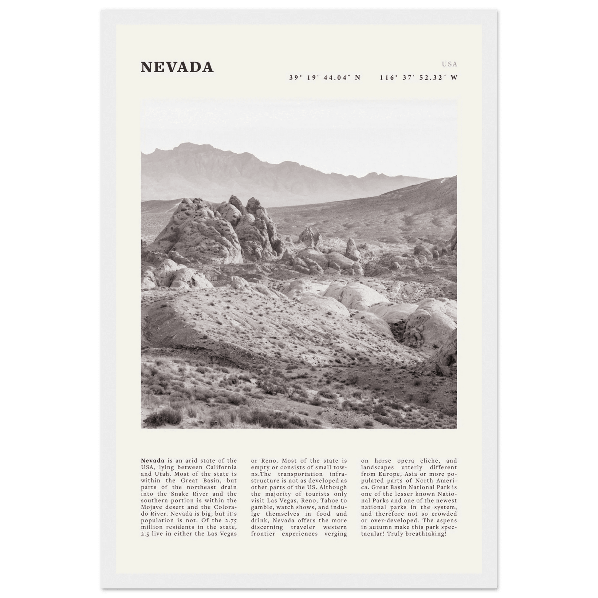 Nevada Poster | Black & White Desert Landscape Wall Art | USA Travel Print Decor - Evergreen Posters