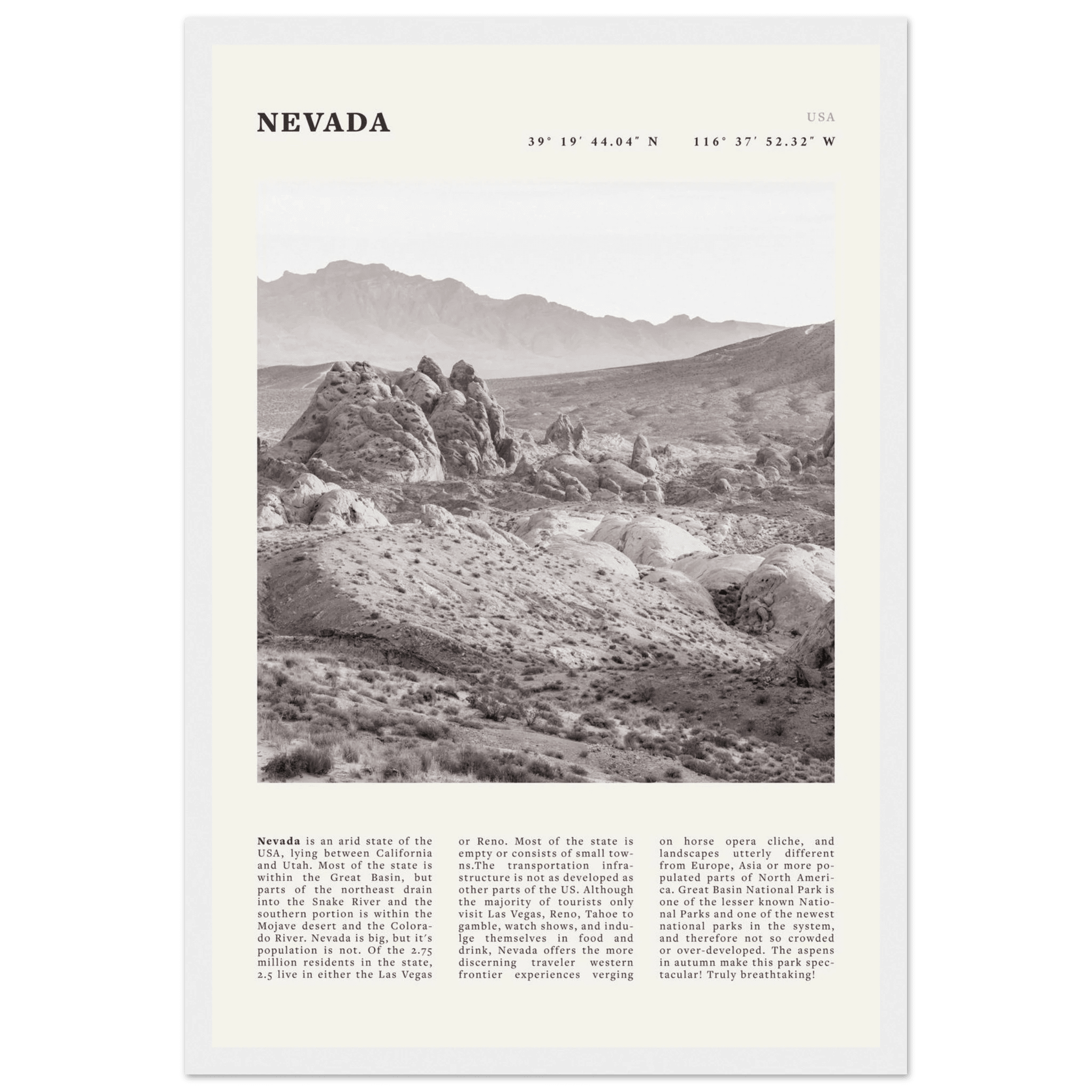 Nevada Poster | Black & White Desert Landscape Wall Art | USA Travel Print Decor - Evergreen Posters