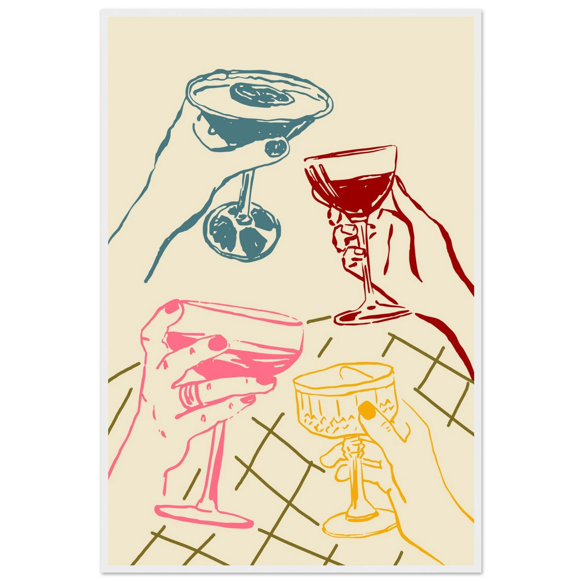 Cheers Print | Colourful Cocktail Glasses Wall Art | Kitchen Bar Poster - Evergreen Posters