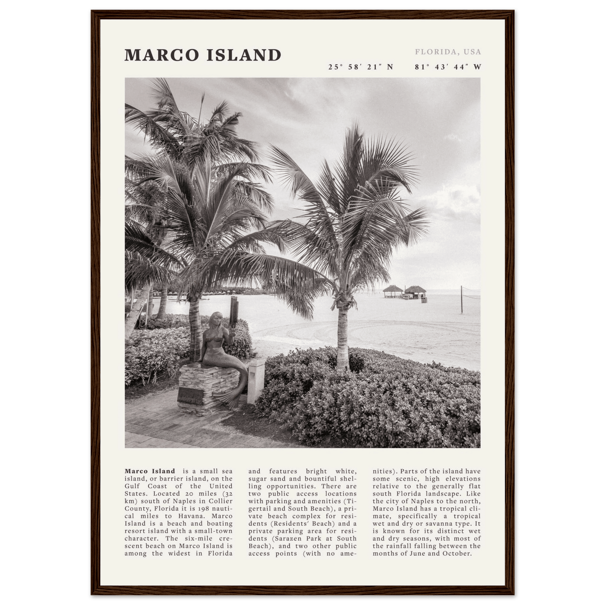 Marco Island Poster | Black & White Florida Beach Wall Art | Coastal Travel Print - Evergreen Posters