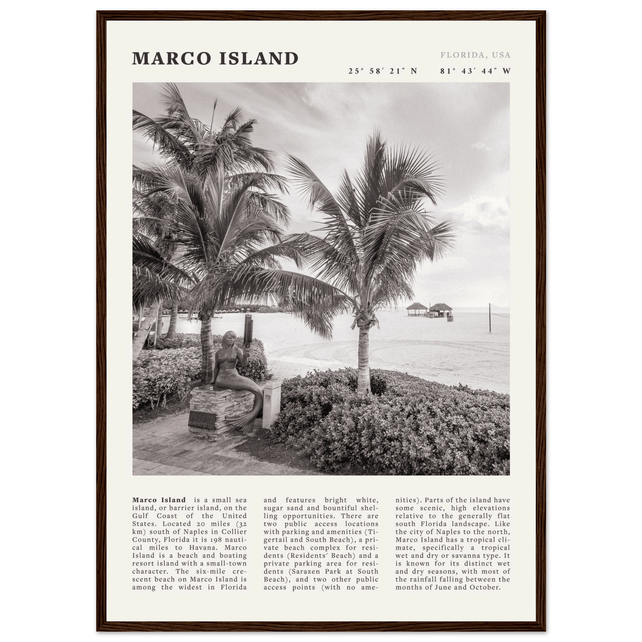 Marco Island Poster | Black & White Florida Beach Wall Art | Coastal Travel Print - Evergreen Posters