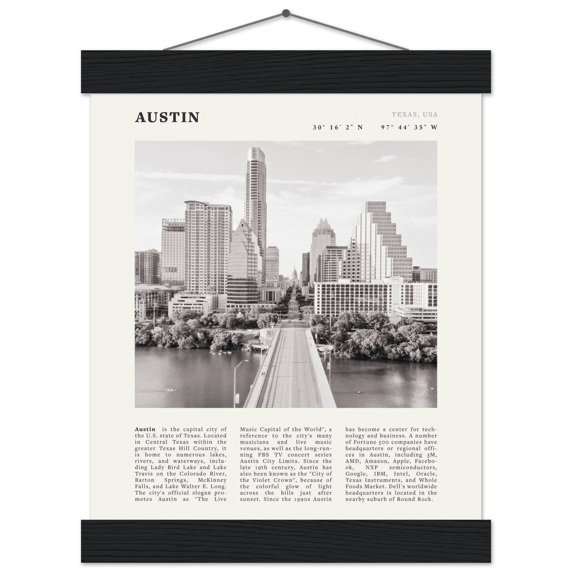 Austin Poster | Black & White Texas Skyline Wall Art | City Travel Print Decor - Evergreen Posters