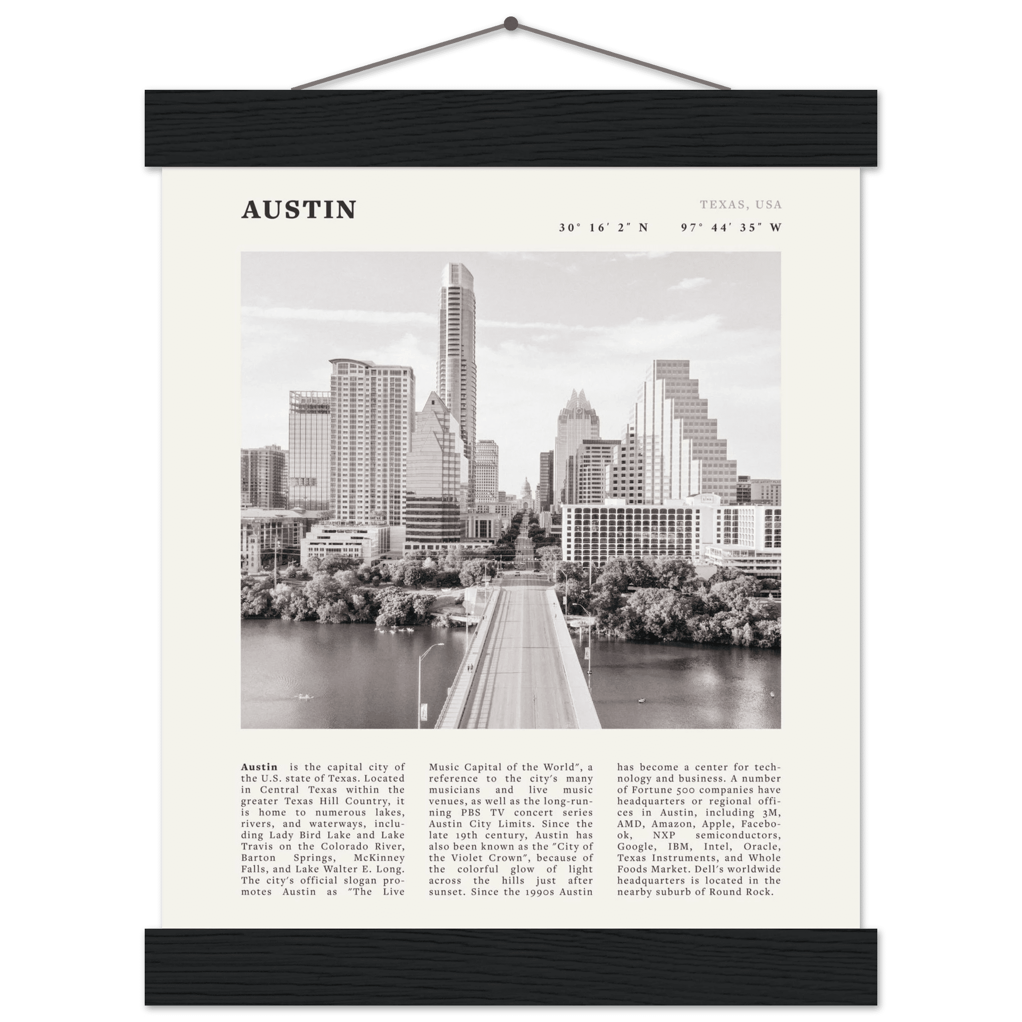Austin Poster | Black & White Texas Skyline Wall Art | City Travel Print Decor - Evergreen Posters