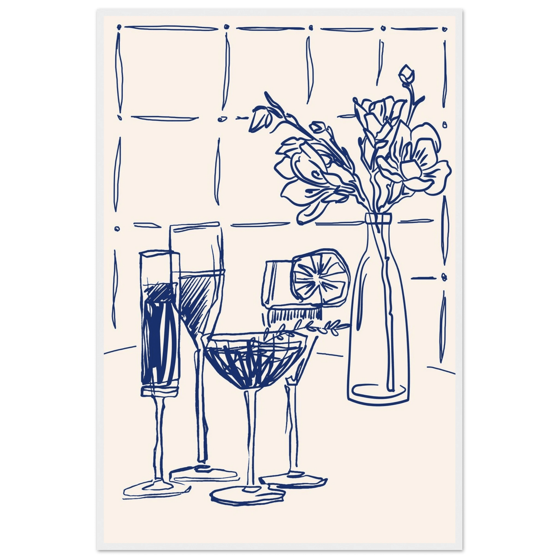 Cocktails & Flowers Print | Navy Blue Line Art Drinks Wall Art | Kitchen Bar Poster - Evergreen Posters
