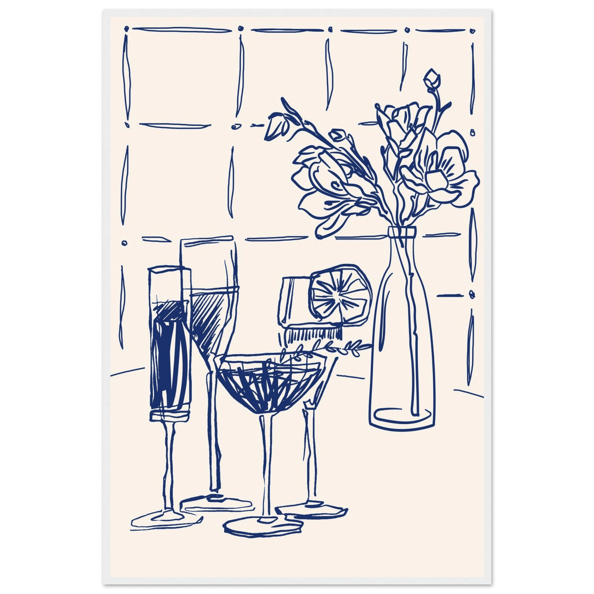 Cocktails & Flowers Print | Navy Blue Line Art Drinks Wall Art | Kitchen Bar Poster - Evergreen Posters