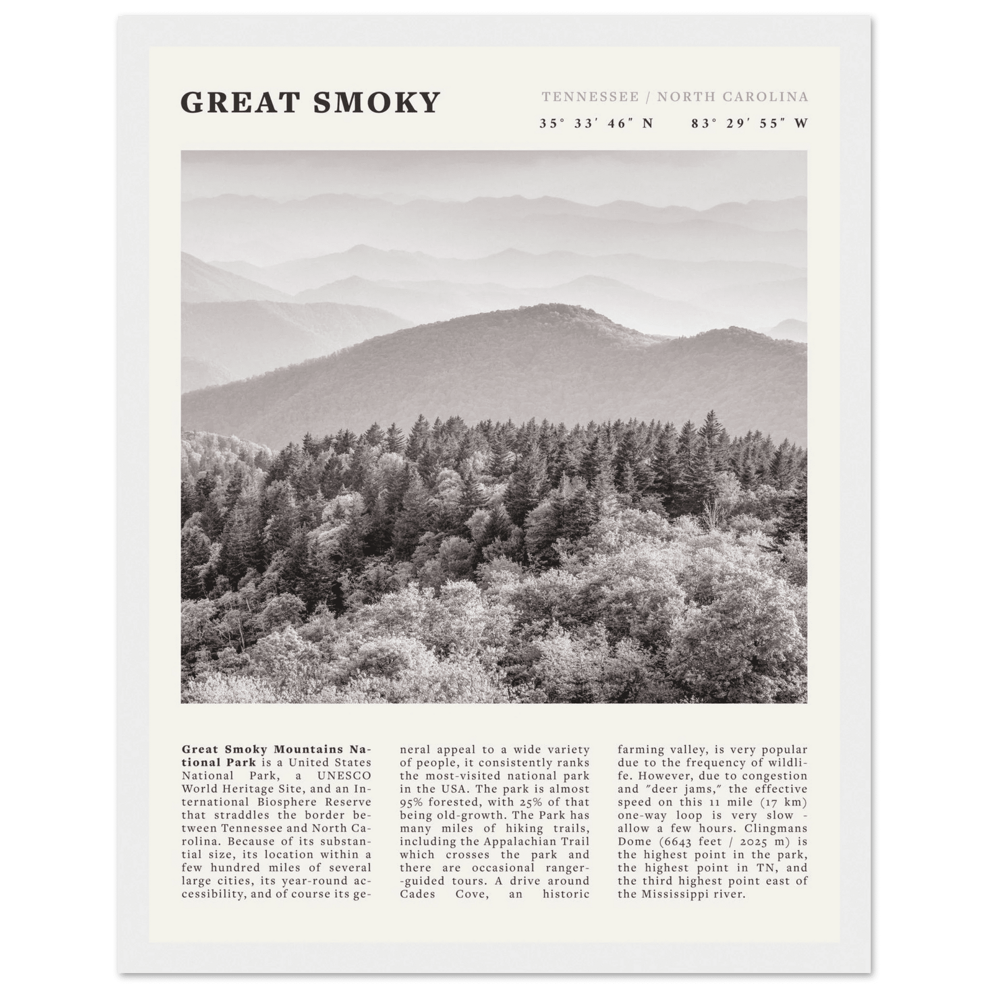 Great Smoky Mountains Poster | Black & White National Park Wall Art | Tennessee Print - Evergreen Posters