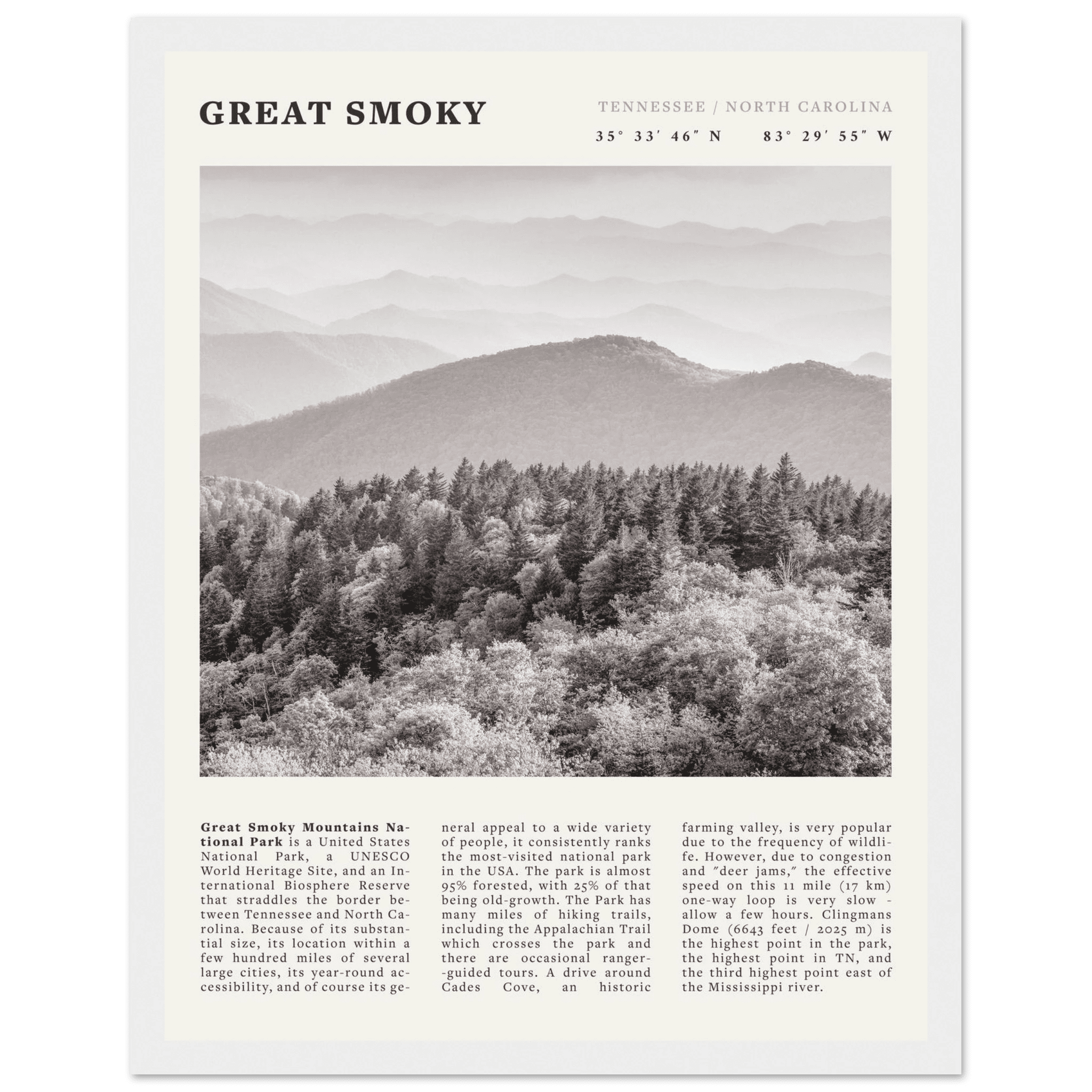 Great Smoky Mountains Poster | Black & White National Park Wall Art | Tennessee Print - Evergreen Posters