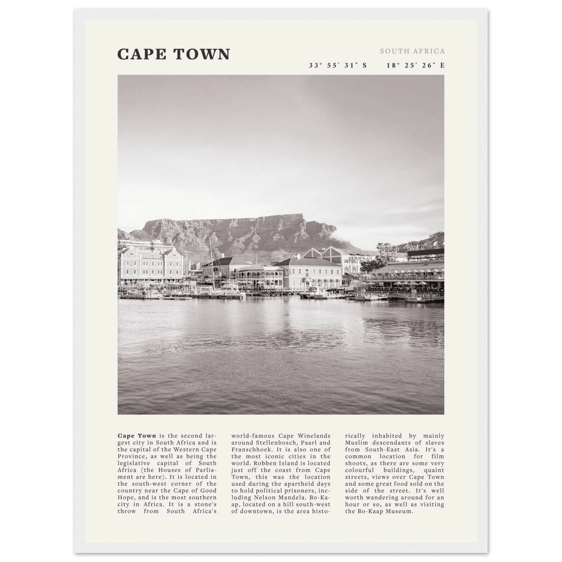 Cape Town Poster | Black & White Table Mountain Wall Art | South Africa Travel Print - Evergreen Posters