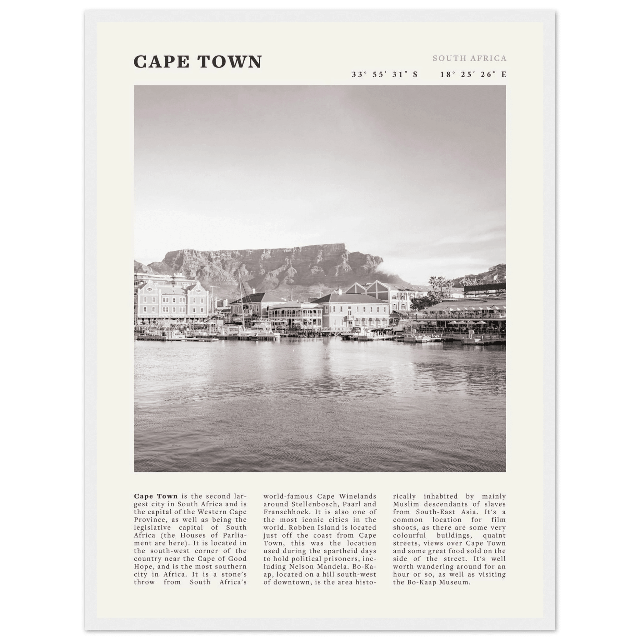 Cape Town Poster | Black & White Table Mountain Wall Art | South Africa Travel Print - Evergreen Posters
