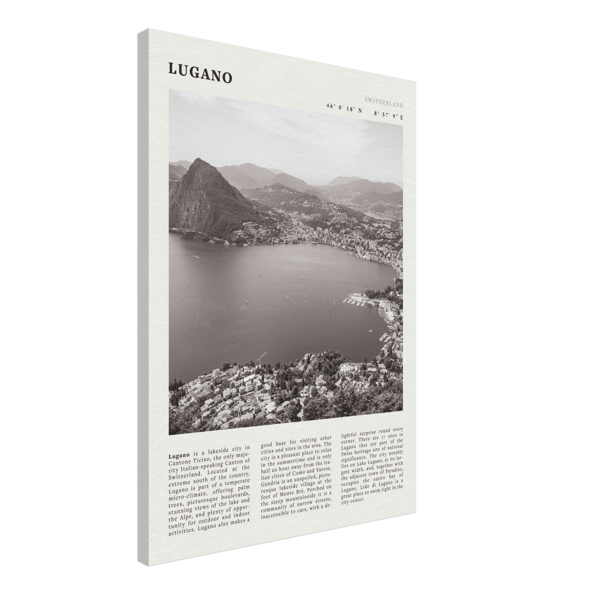 Lugano Poster | Black & White Swiss Lake Wall Art | Switzerland Travel Print - Evergreen Posters