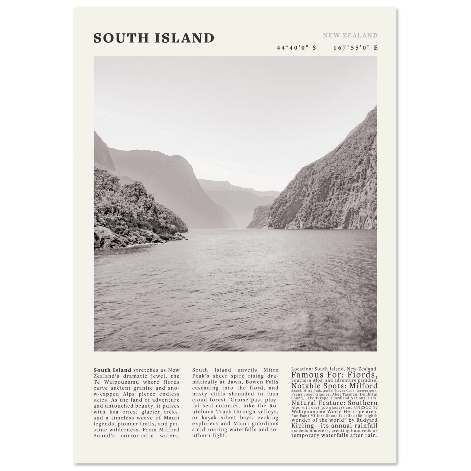South Island New Zealand Poster Black and White – Vintage Milford Sound Fjord Print - Evergreen Posters