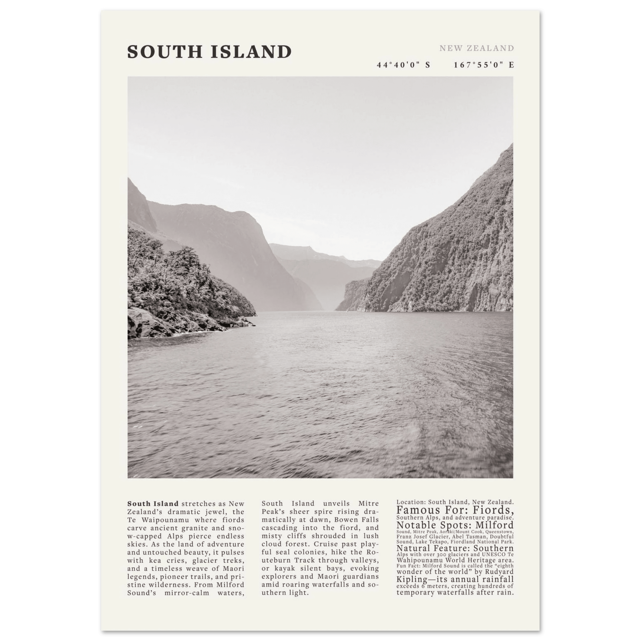 South Island New Zealand Poster Black and White – Vintage Milford Sound Fjord Print - Evergreen Posters