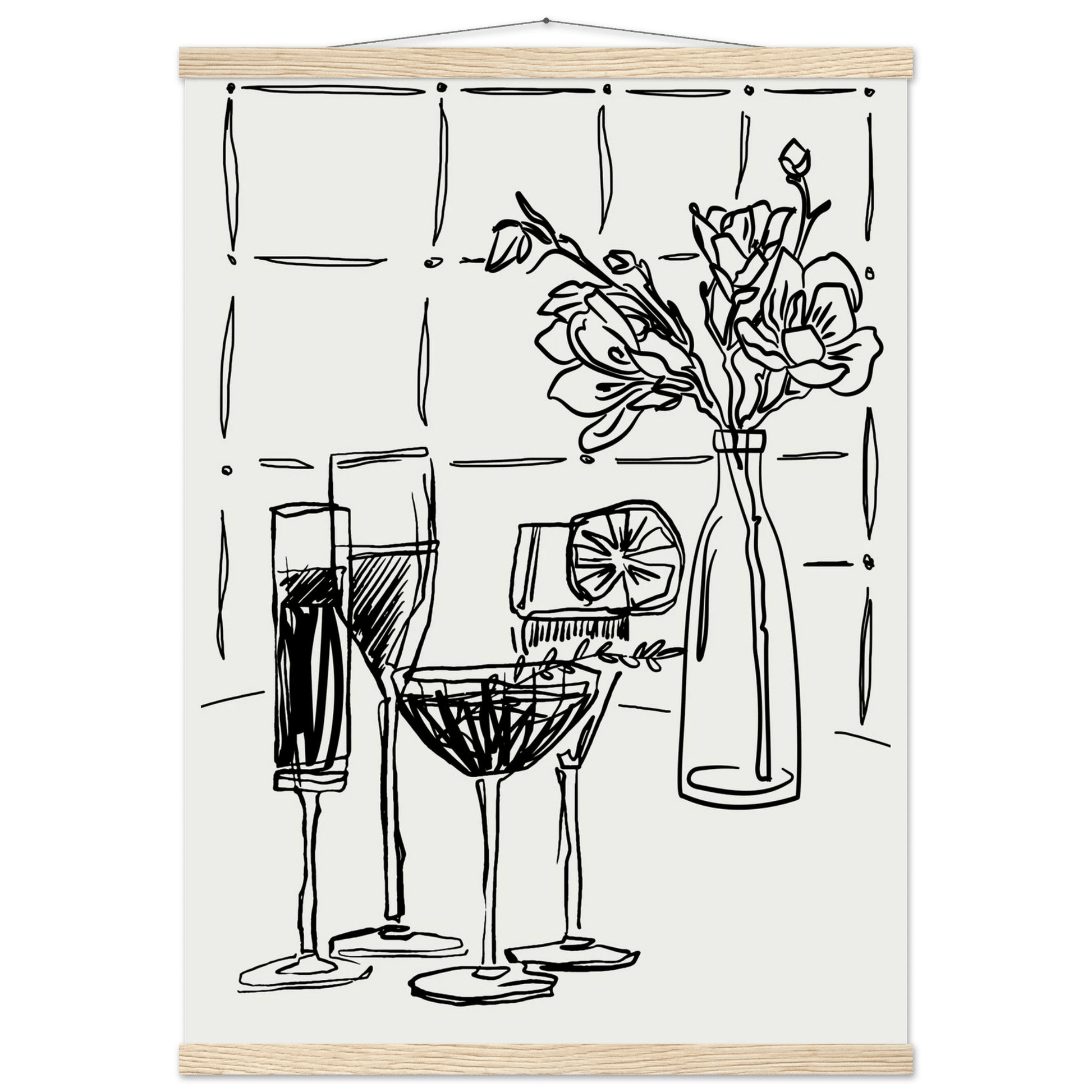 Cocktails & Flowers Print | Black Line Art Drinks Wall Art | Kitchen Bar Poster - Evergreen Posters