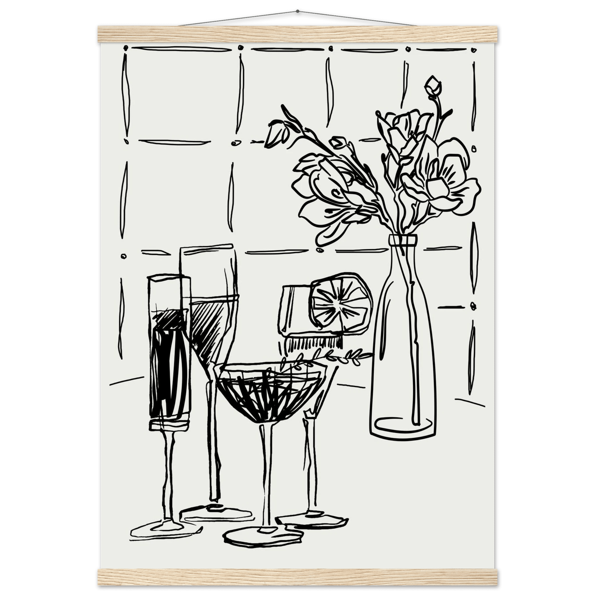 Cocktails & Flowers Print | Black Line Art Drinks Wall Art | Kitchen Bar Poster - Evergreen Posters