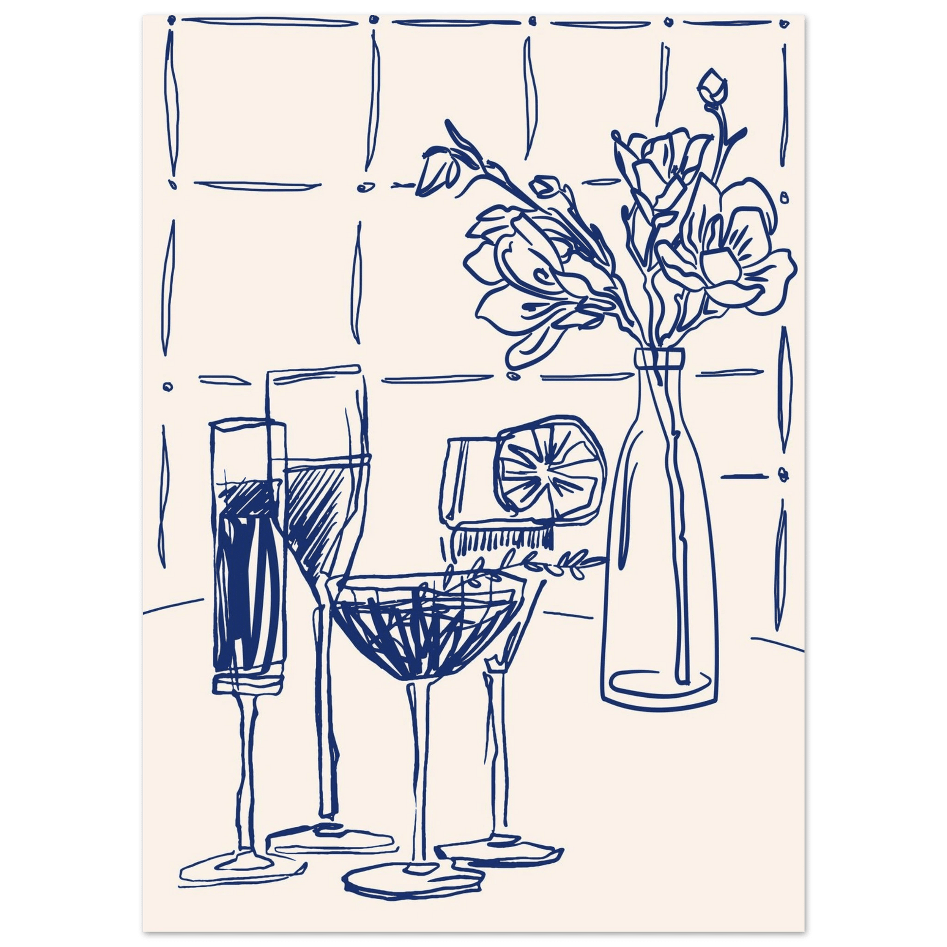 Cocktails & Flowers Print | Navy Blue Line Art Drinks Wall Art | Kitchen Bar Poster - Evergreen Posters