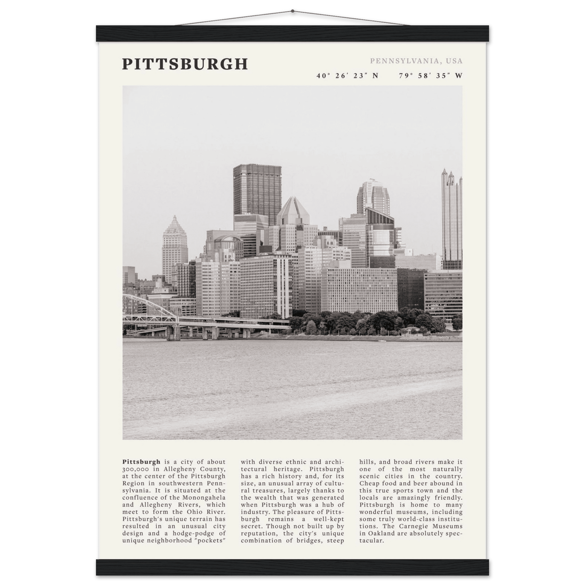 Pittsburgh Poster | Black & White Pennsylvania Skyline Wall Art | PA Travel Print - Evergreen Posters