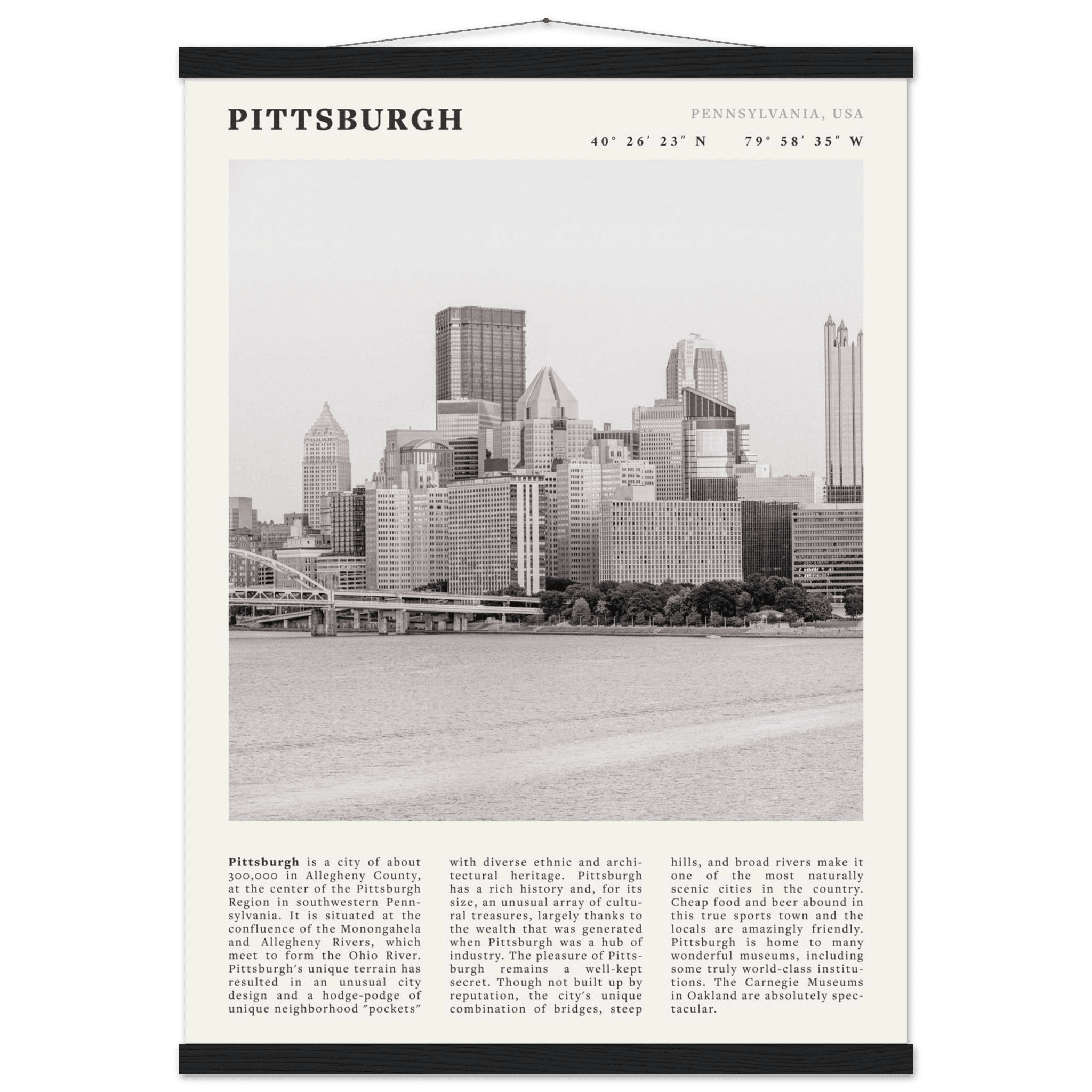 Pittsburgh Poster | Black & White Pennsylvania Skyline Wall Art | PA Travel Print - Evergreen Posters