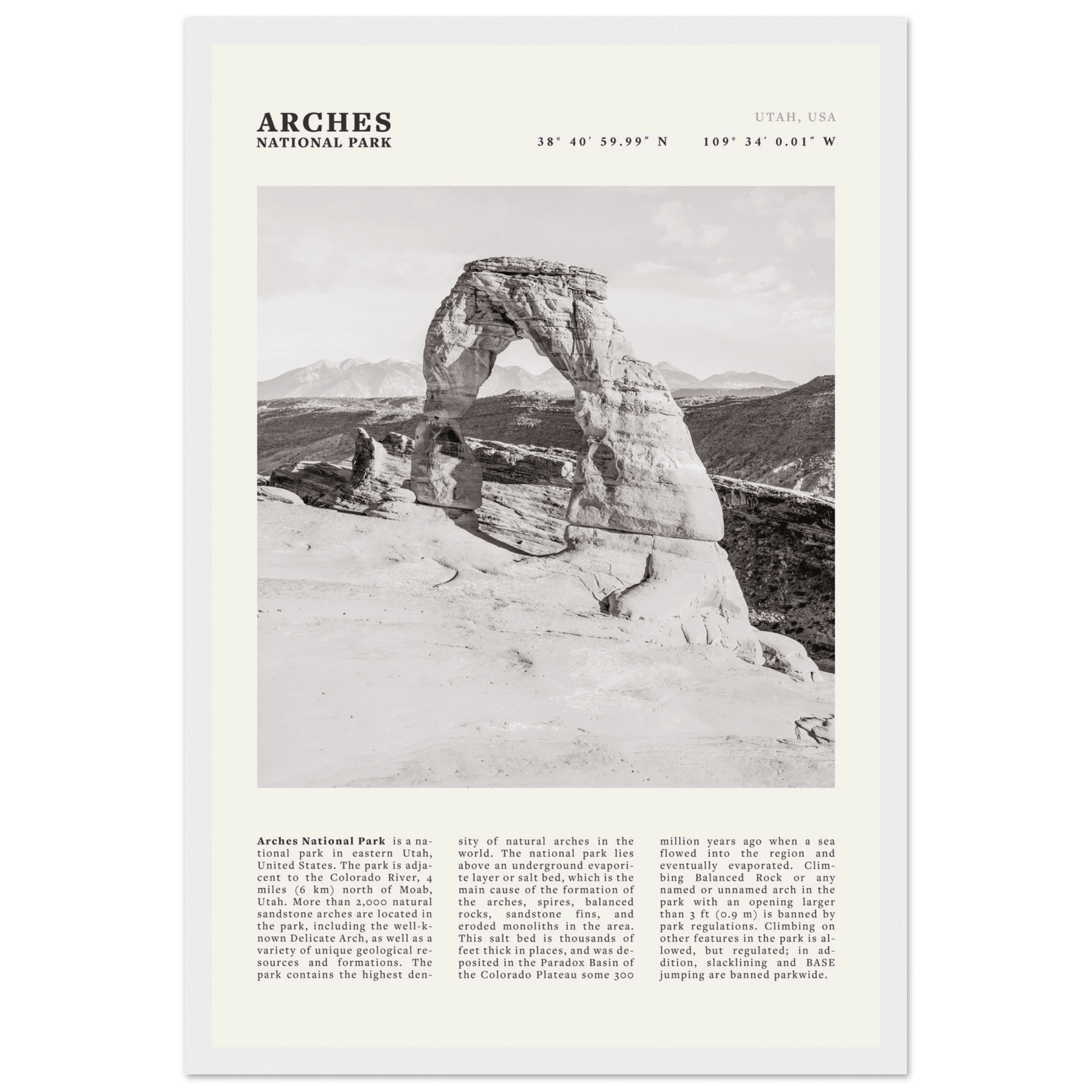 Arches National Park Poster | Black & White Utah Wall Art | Delicate Arch Print - Evergreen Posters
