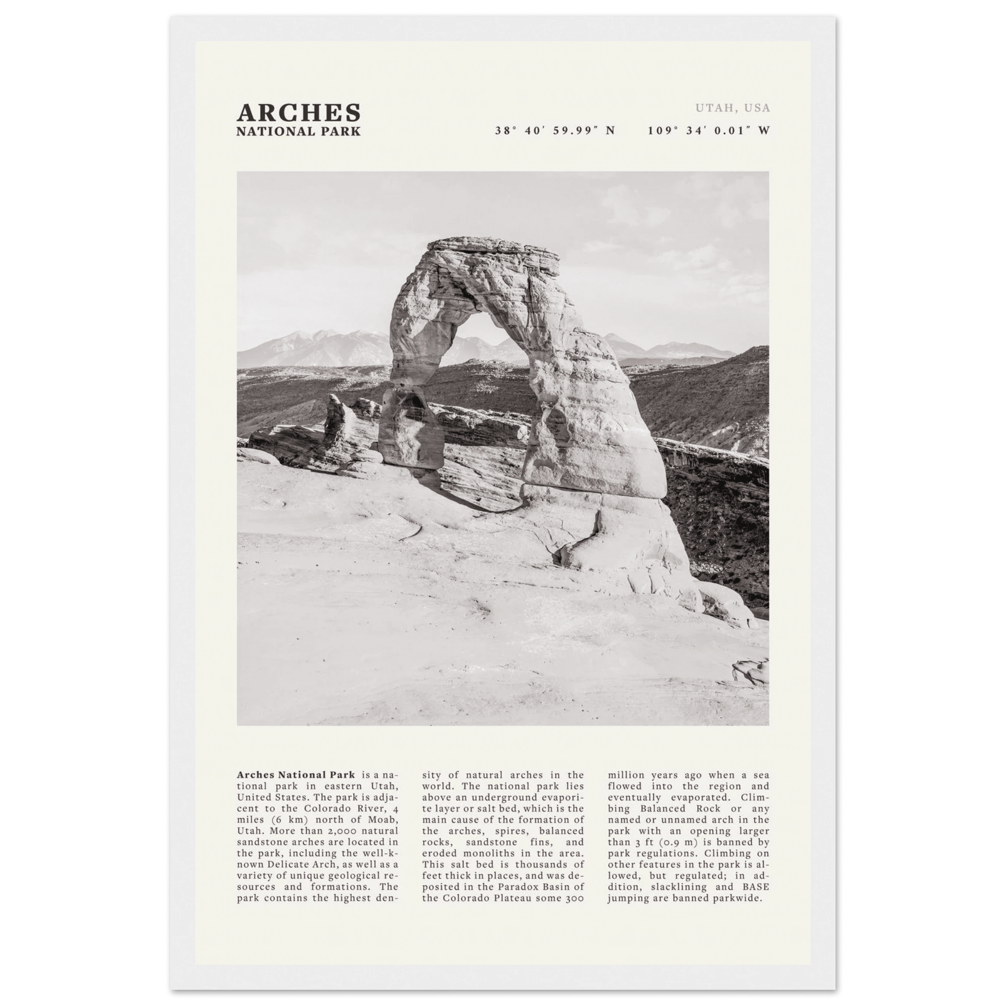 Arches National Park Poster | Black & White Utah Wall Art | Delicate Arch Print - Evergreen Posters