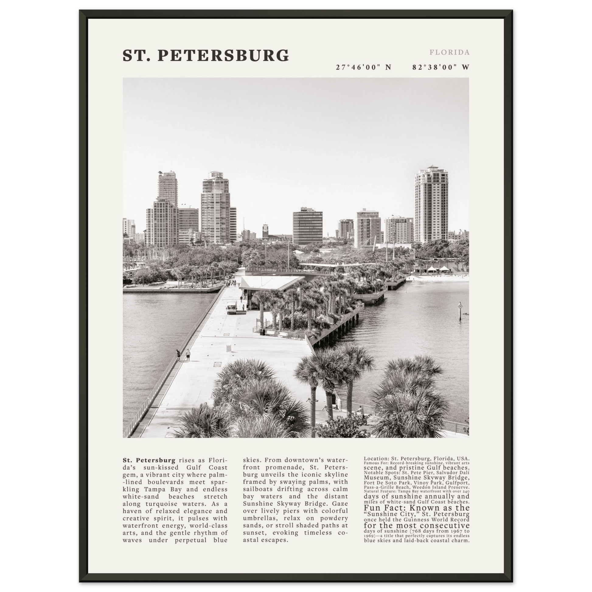 St. Petersburg Florida Poster Black and White – Vintage St Pete Skyline Print (Digital & Printed Options) - Evergreen Posters