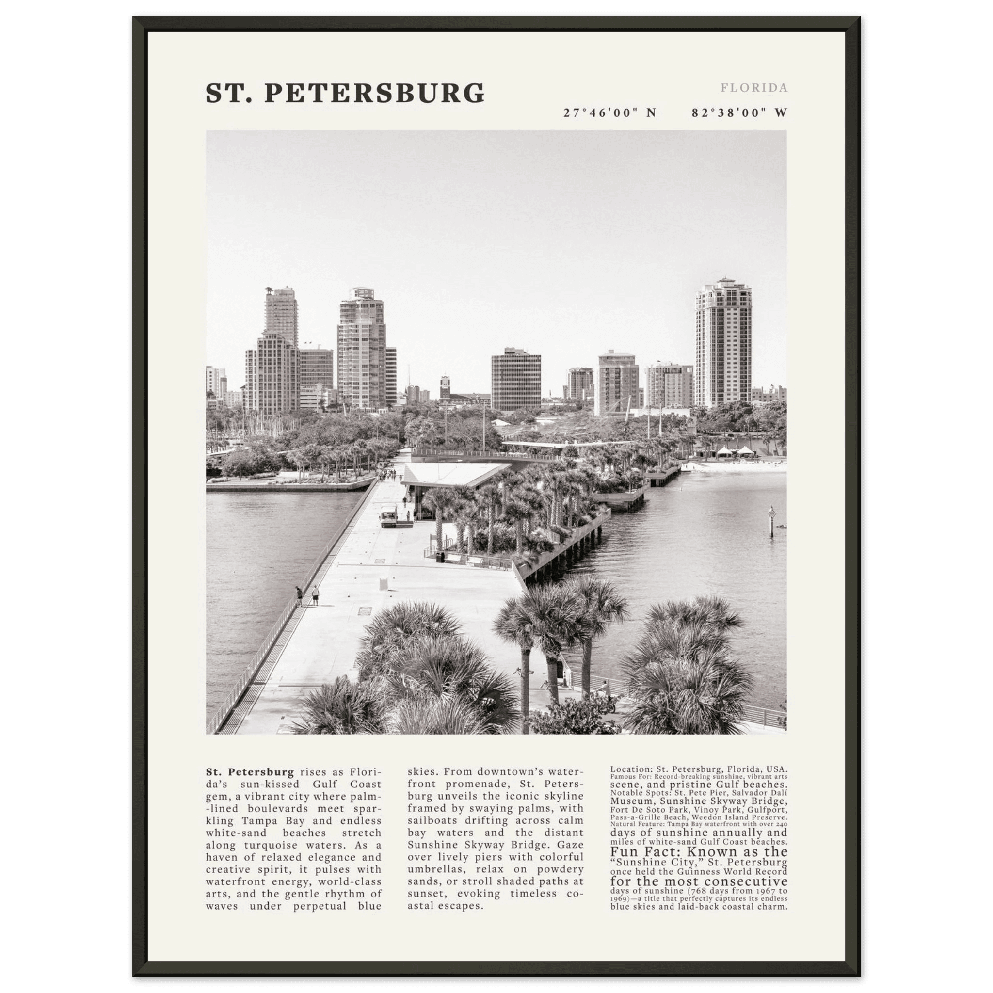 St. Petersburg Florida Poster Black and White – Vintage St Pete Skyline Print (Digital & Printed Options) - Evergreen Posters