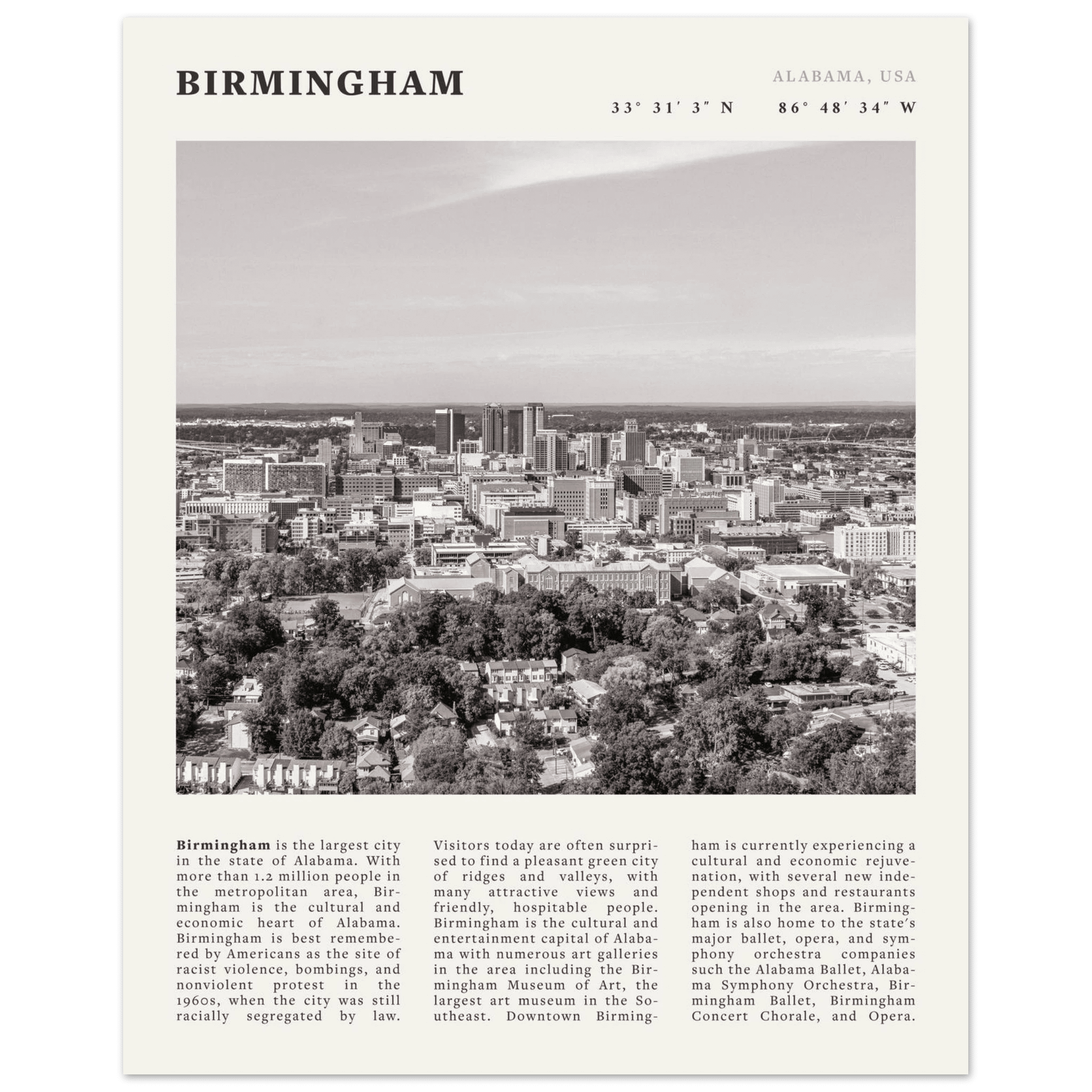 Birmingham Poster | Black & White Alabama Skyline Wall Art | AL Travel Print - Evergreen Posters