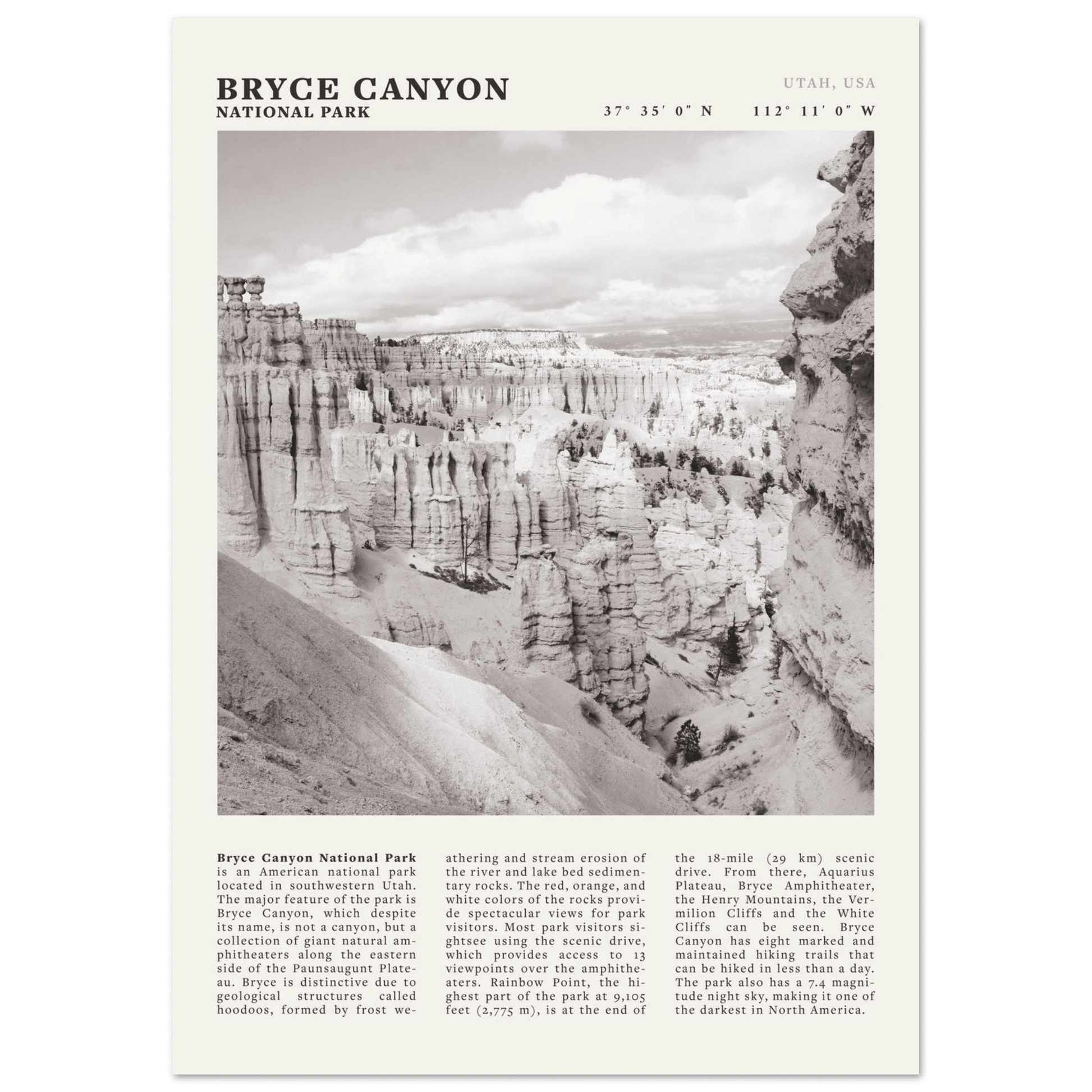 Bryce Canyon National Park Poster | Black & White Utah Hoodoos Wall Art Print - Evergreen Posters - 7