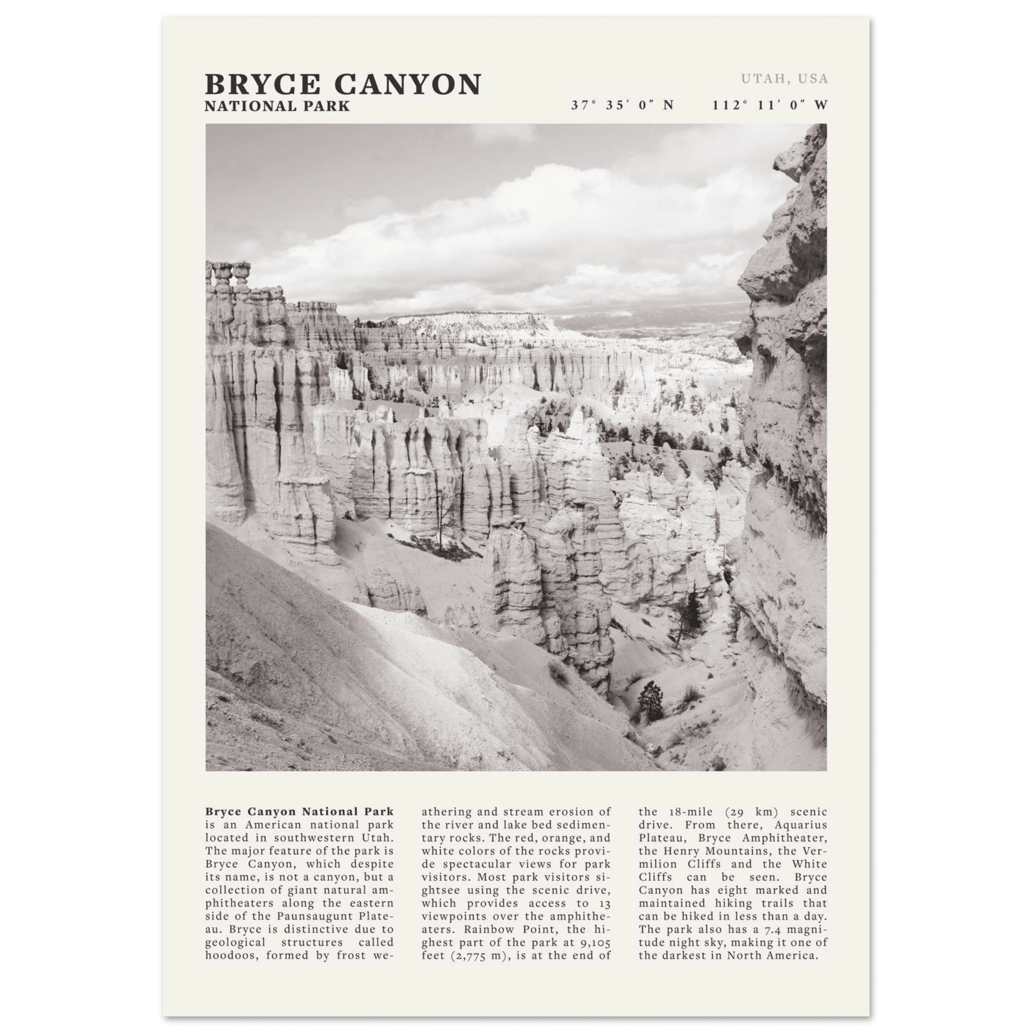 Bryce Canyon National Park Poster | Black & White Utah Hoodoos Wall Art Print - Evergreen Posters - 7