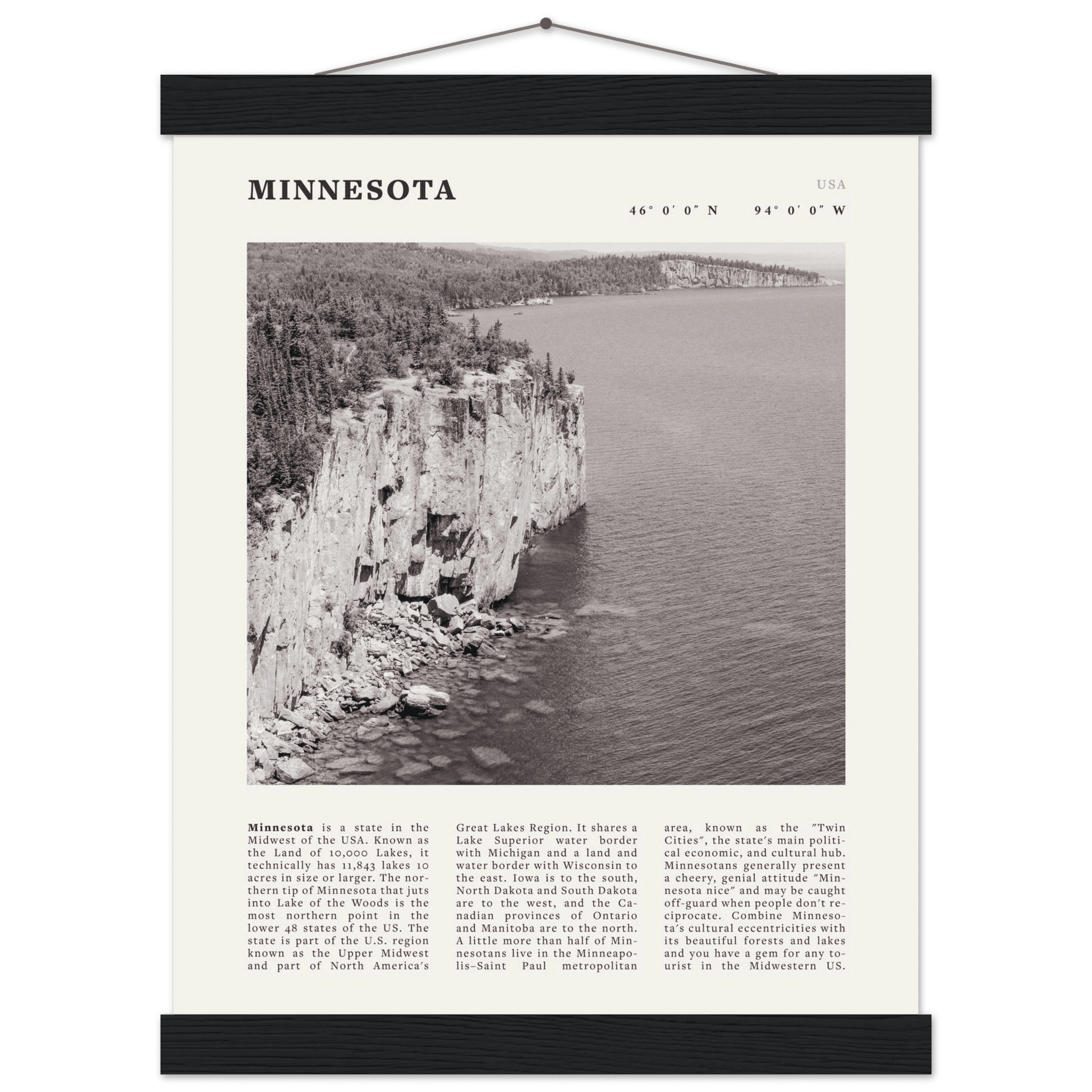 Minnesota Poster | Black & White Lake Superior Wall Art | USA Nature Travel Print - Evergreen Posters