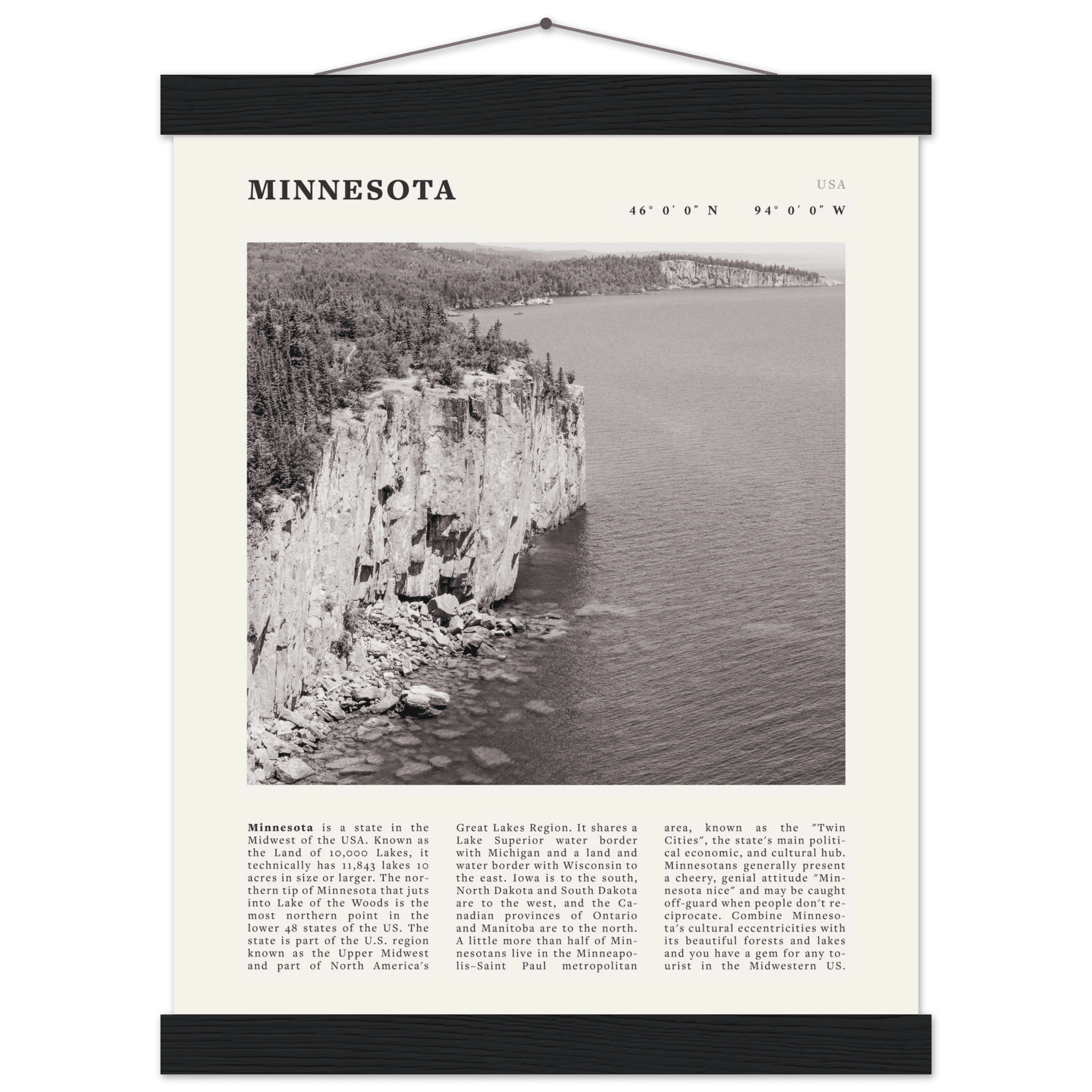 Minnesota Poster | Black & White Lake Superior Wall Art | USA Nature Travel Print - Evergreen Posters