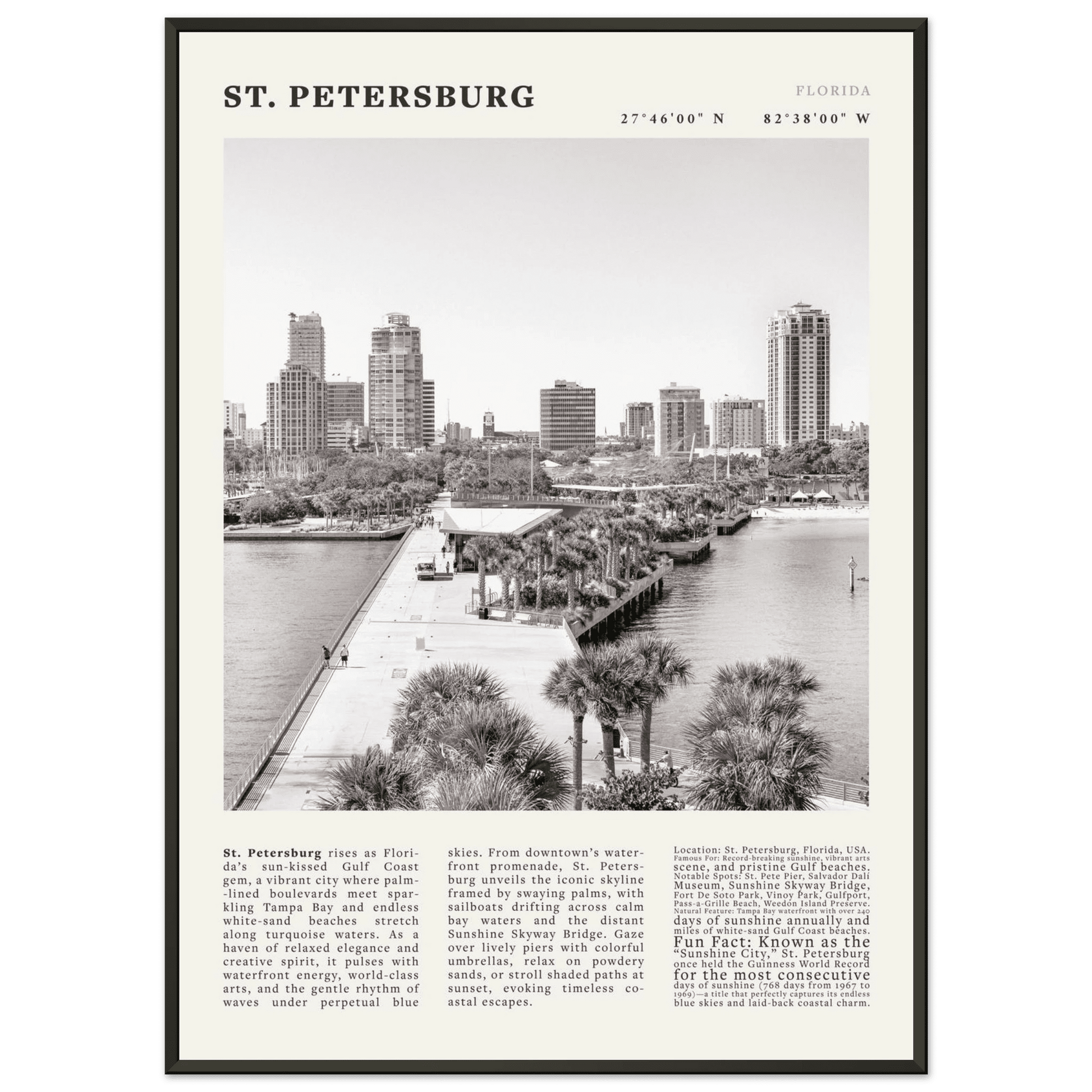 St. Petersburg Florida Poster Black and White – Vintage St Pete Skyline Print (Digital & Printed Options) - Evergreen Posters