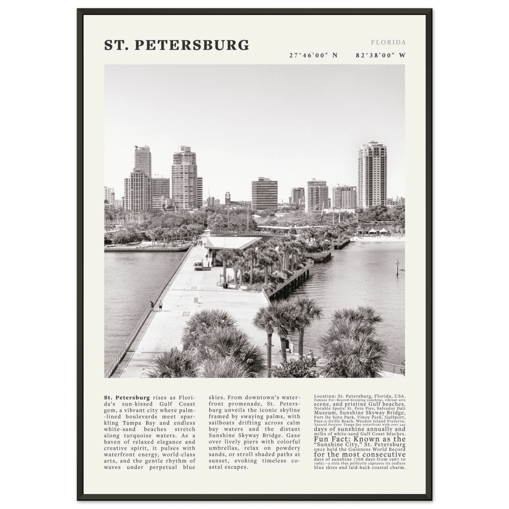 St. Petersburg Florida Poster Black and White – Vintage St Pete Skyline Print (Digital & Printed Options) - Evergreen Posters