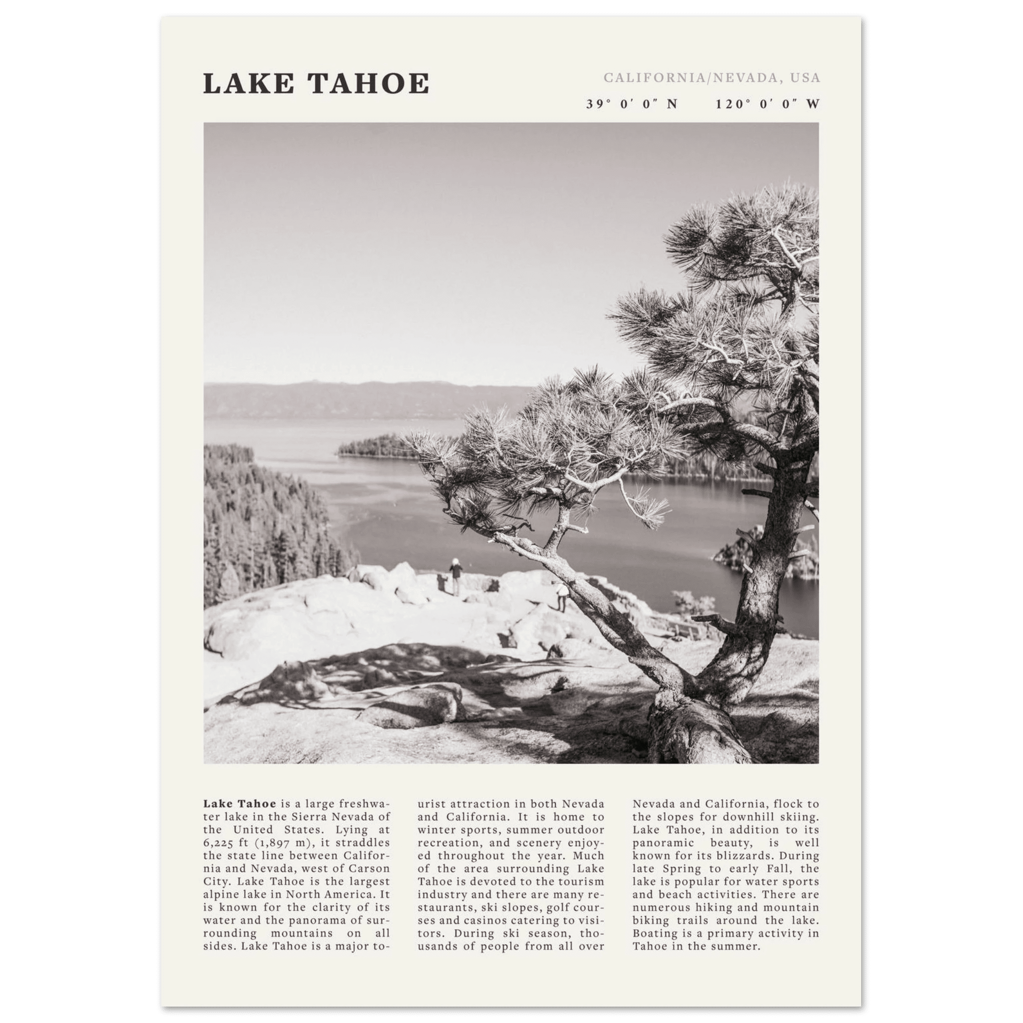 Lake Tahoe Poster | Black & White California Nevada Wall Art | Nature Travel Print Decor - Evergreen Posters