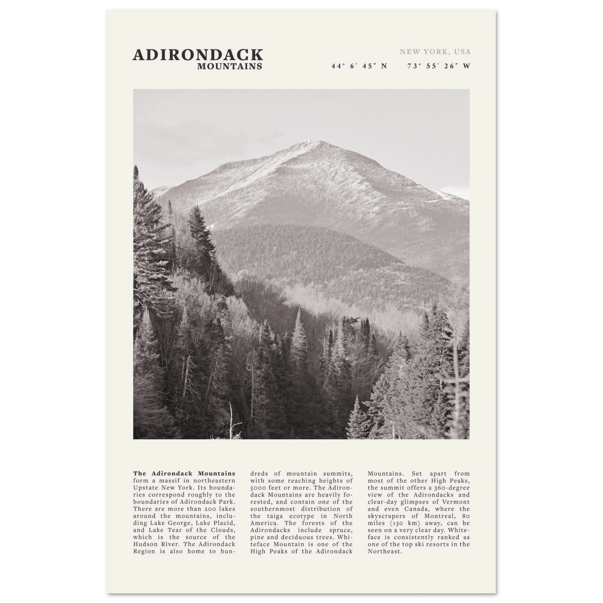 Adirondack Mountains Poster | Black & White New York Nature Wall Art | Hiking Print - Evergreen Posters
