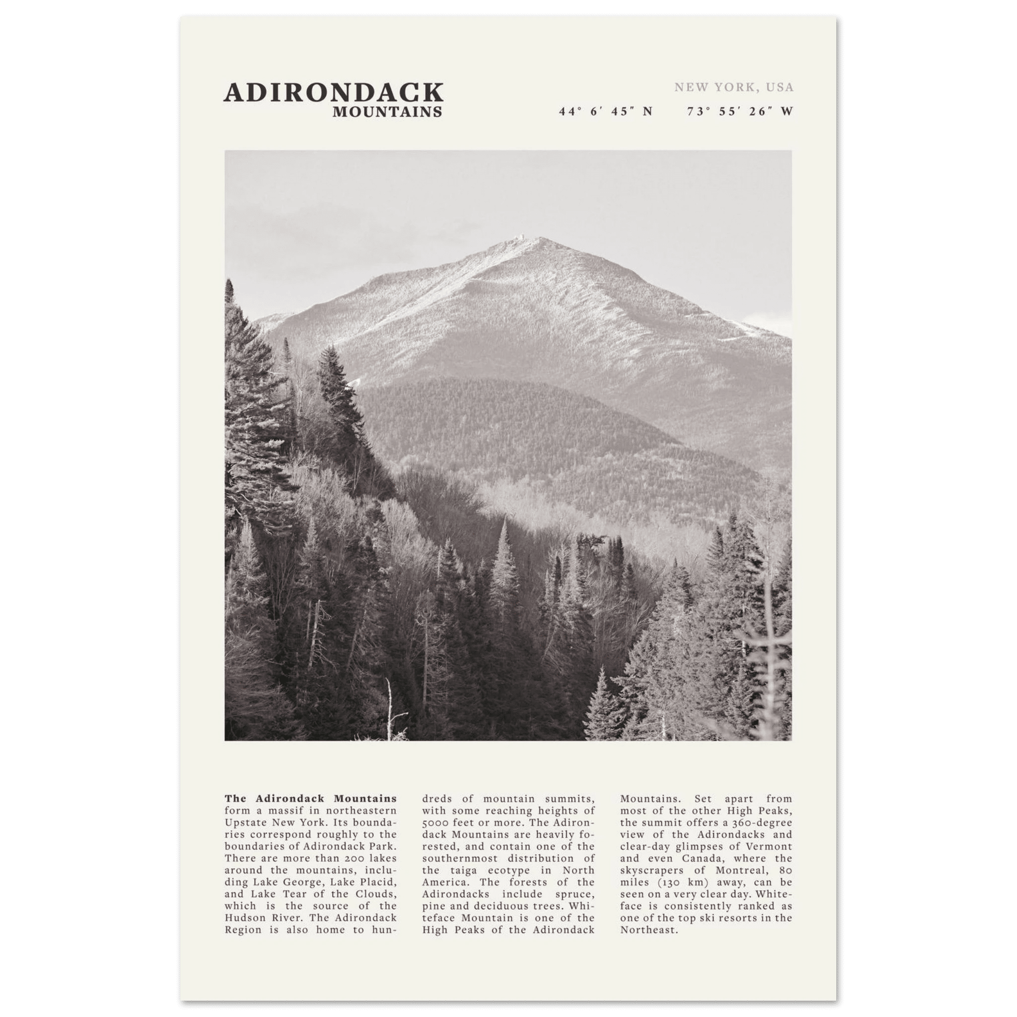 Adirondack Mountains Poster | Black & White New York Nature Wall Art | Hiking Print - Evergreen Posters