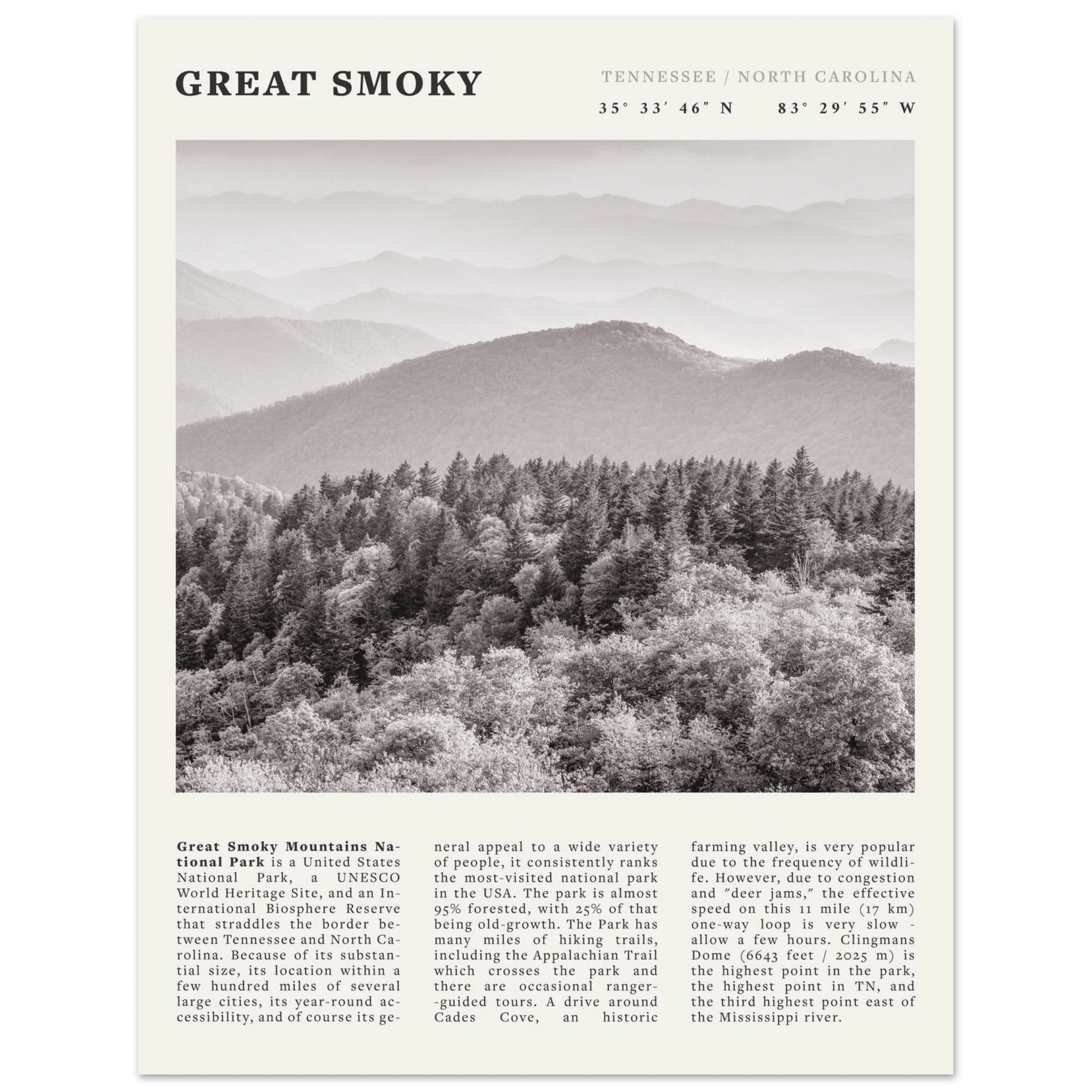 Great Smoky Mountains Poster | Black & White National Park Wall Art | Tennessee Print - Evergreen Posters