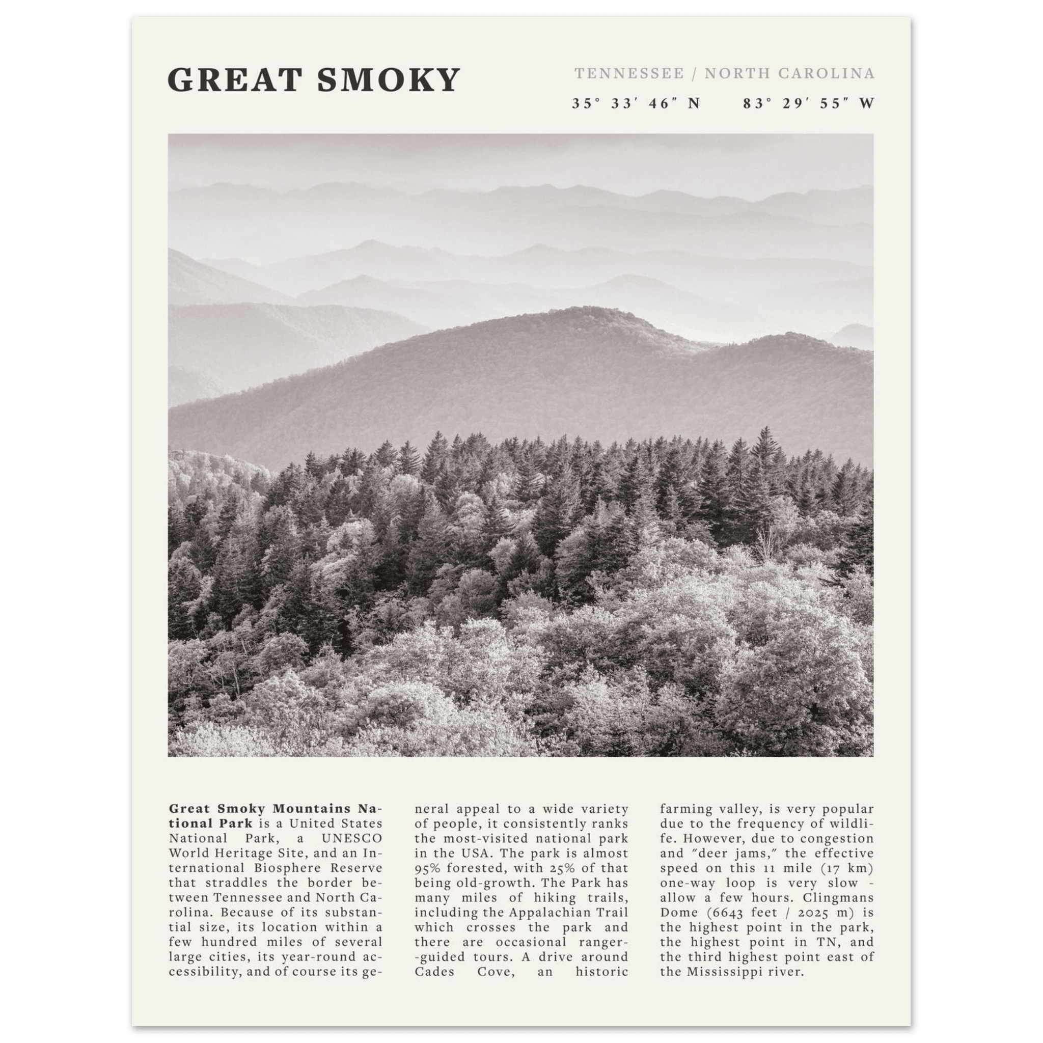 Great Smoky Mountains Poster | Black & White National Park Wall Art | Tennessee Print - Evergreen Posters